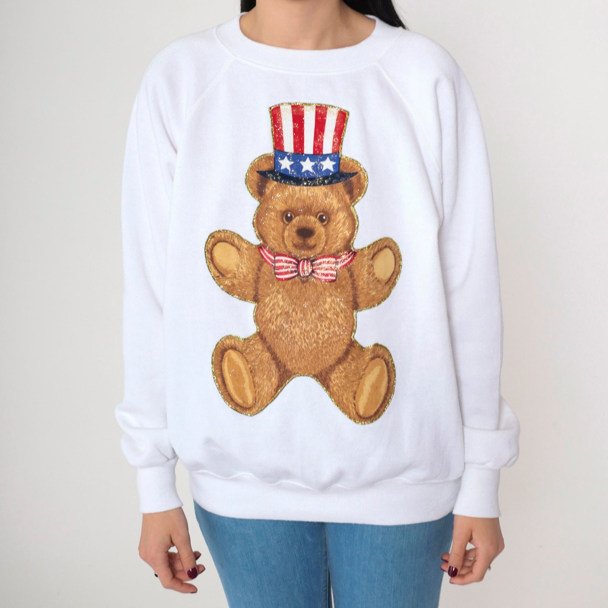 90s Uncle Sam Teddy Bear Glitter Sweatshirt White Graphic Crewneck Large L