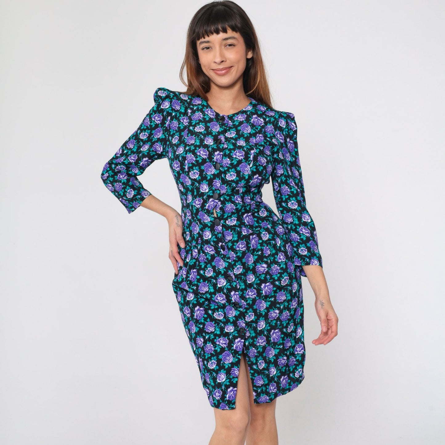 90s All That Jazz Black Floral Mini Dress Puff Sleeve Button-Up Small S