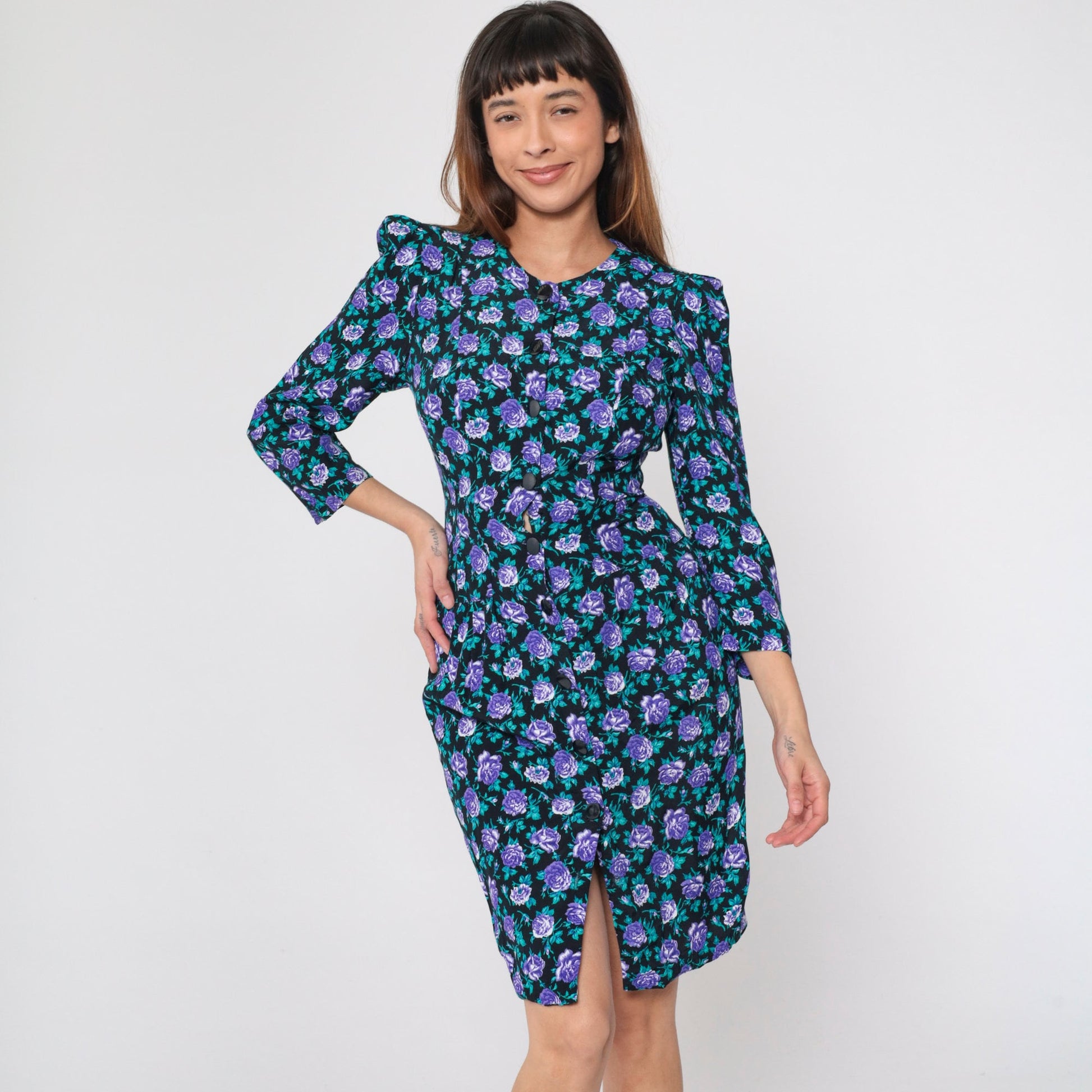 90s All That Jazz Black Floral Mini Dress Puff Sleeve Button-Up Small S