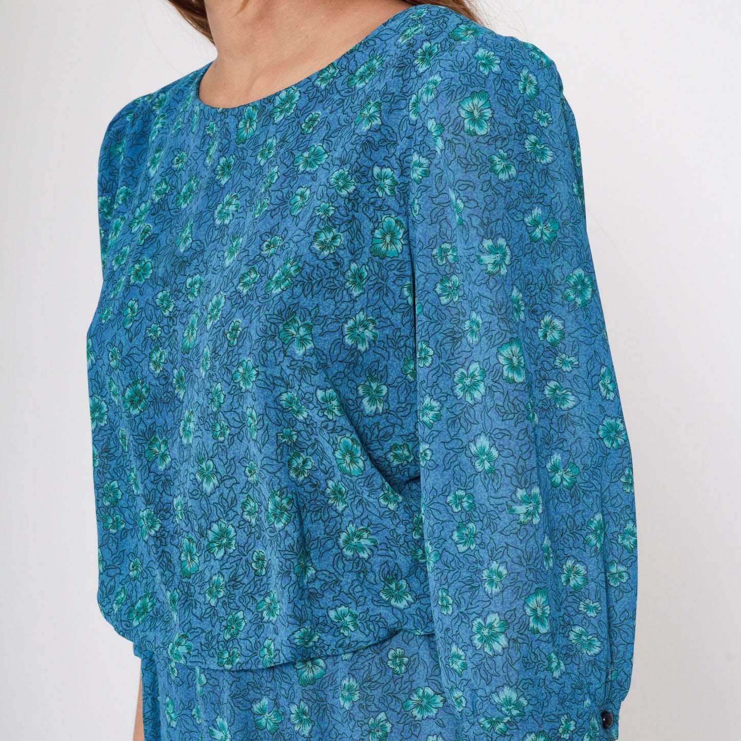 90s Blue Floral Midi Dress Puff Sleeve High Waist Blouson Medium M