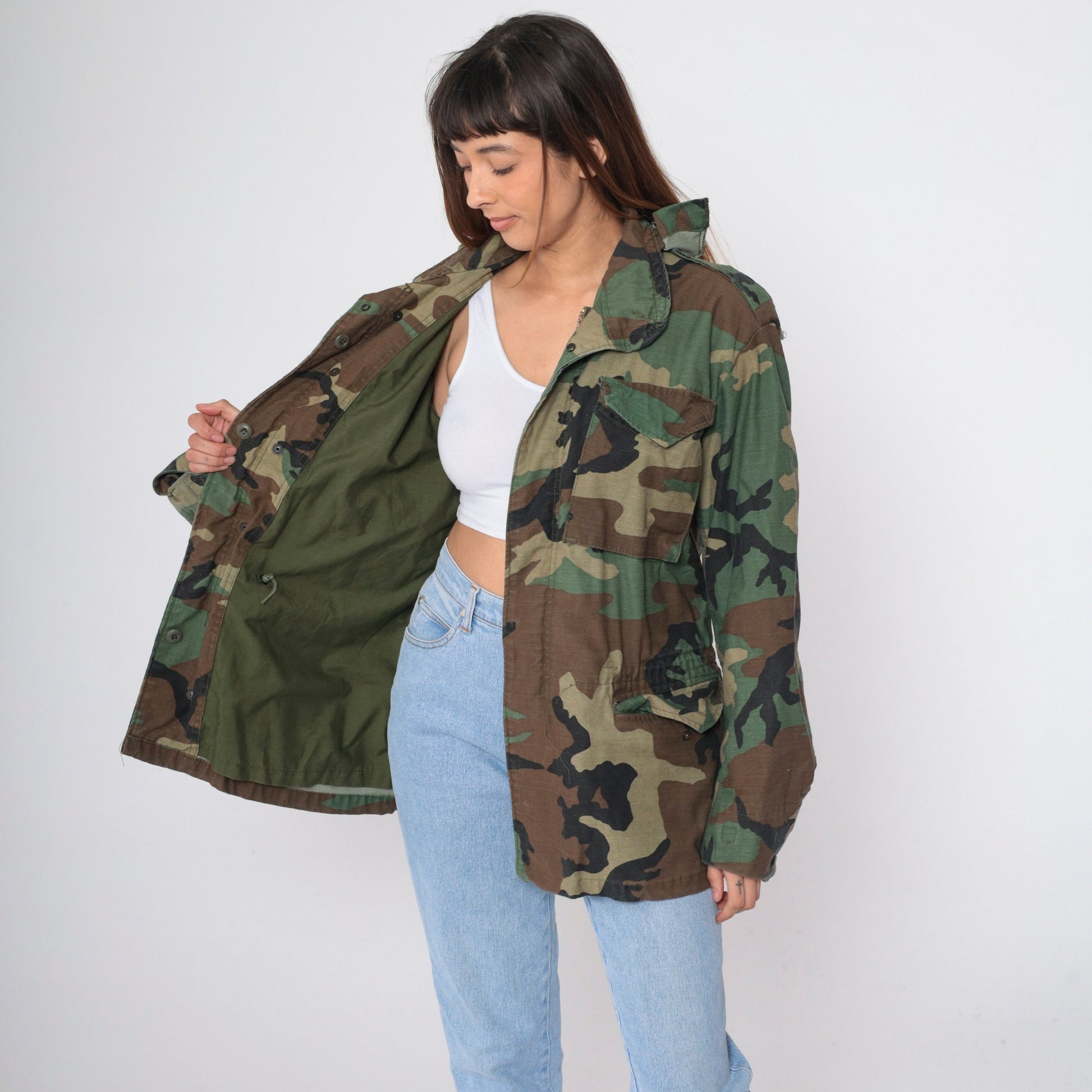 90s Military Camouflage Hooded Jacket Green Cargo Zip Snap Small