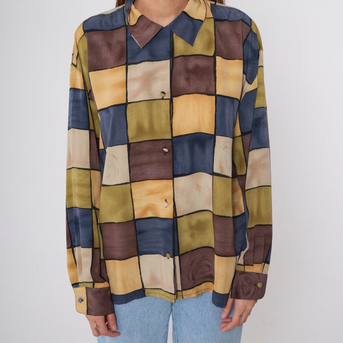 90s Checkerboard Button-Up Blouse Multicolor Long Sleeve Collared Shirt Extra Large XXL