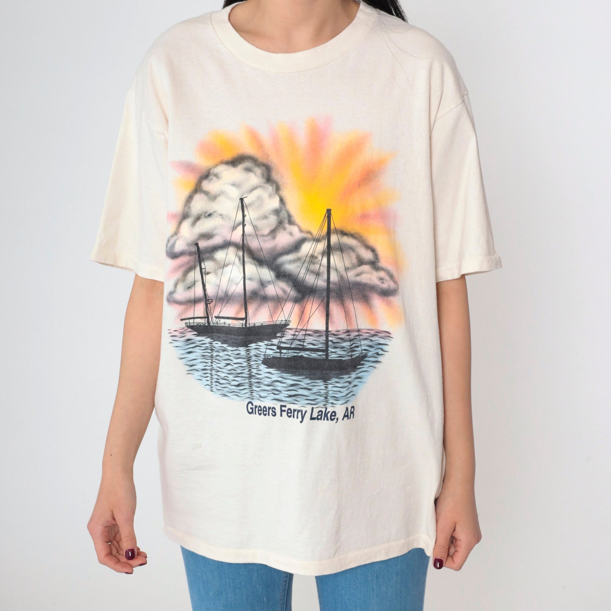 90s Greers Ferry Lake Arkansas Sailboat Graphic T-Shirt Pale Yellow Single Stitch Medium