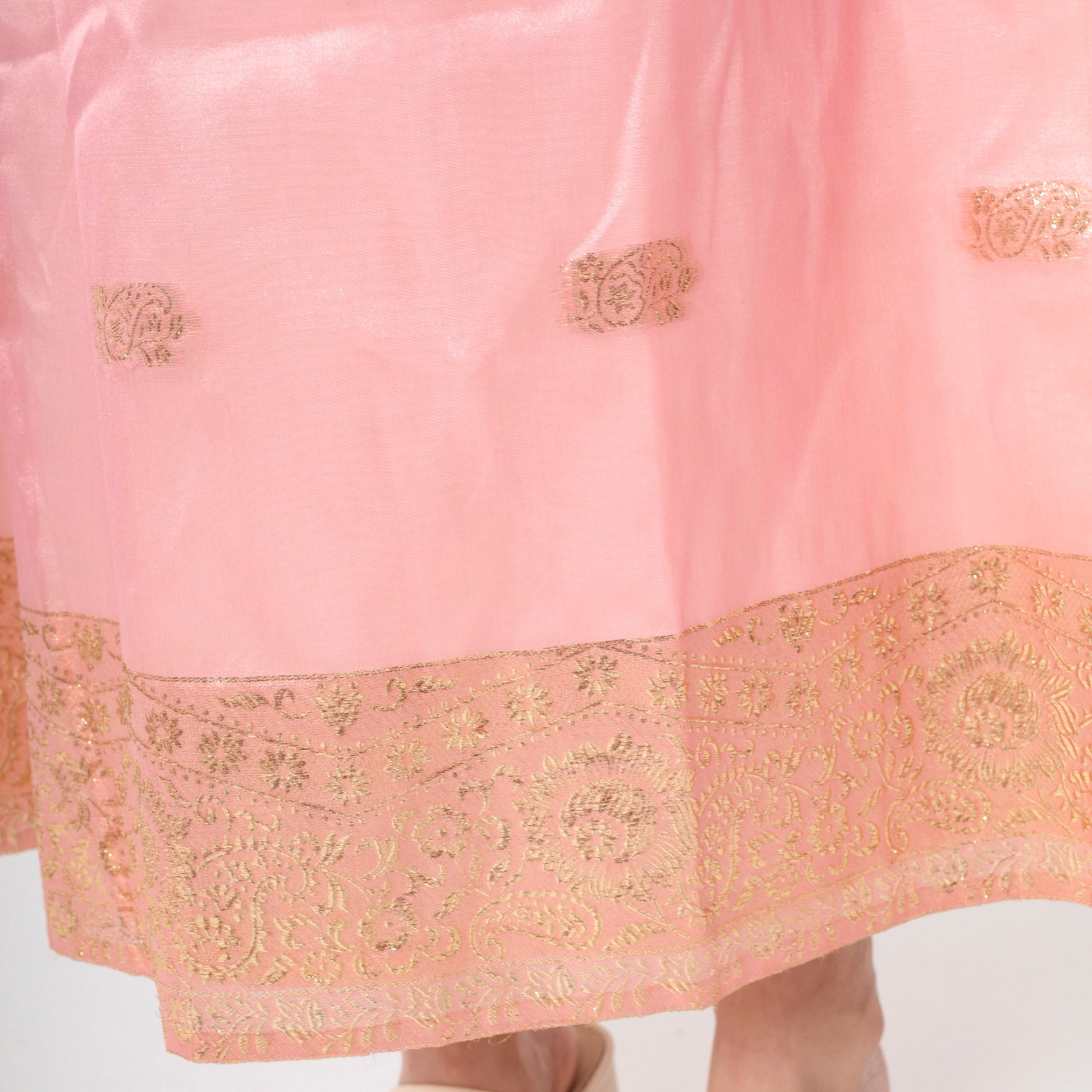 60s Pink Organza Maxi Dress Gold Embroidered Floral Paisley Long Sleeve Small