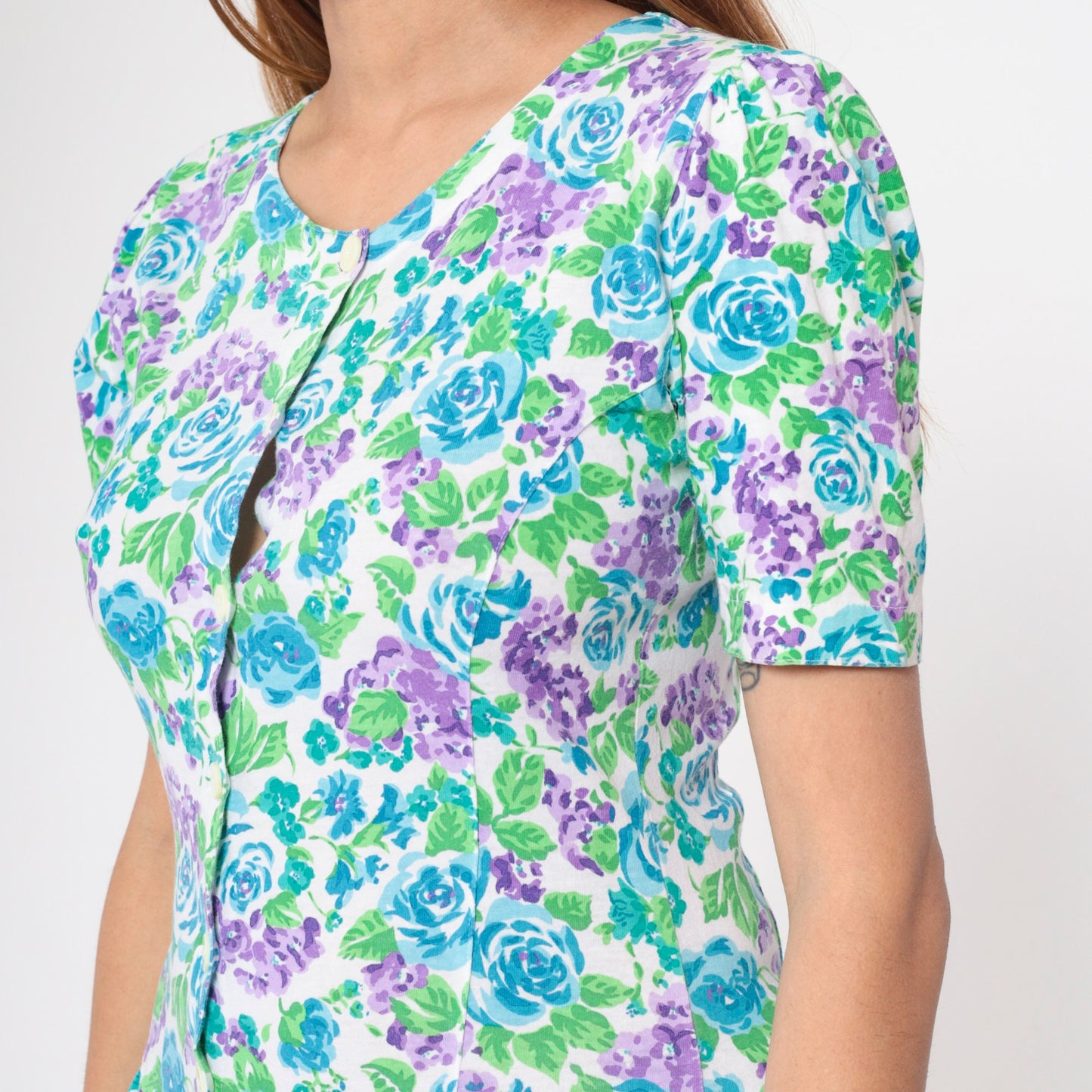 80s Floral Midi Dress Nordstrom Point of View Puff Sleeve Drop Waist Cotton Small