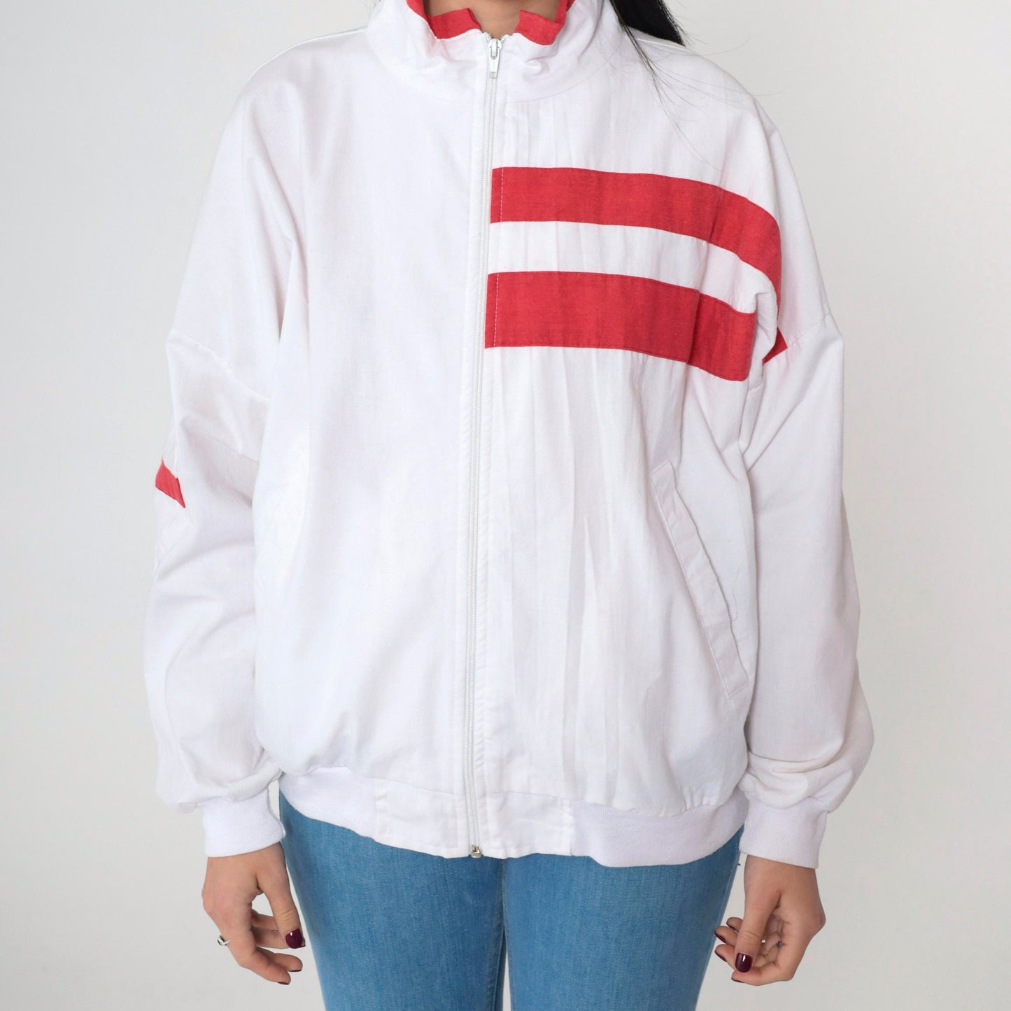 90s Striped Windbreaker Jacket White Red Zip-Up Small