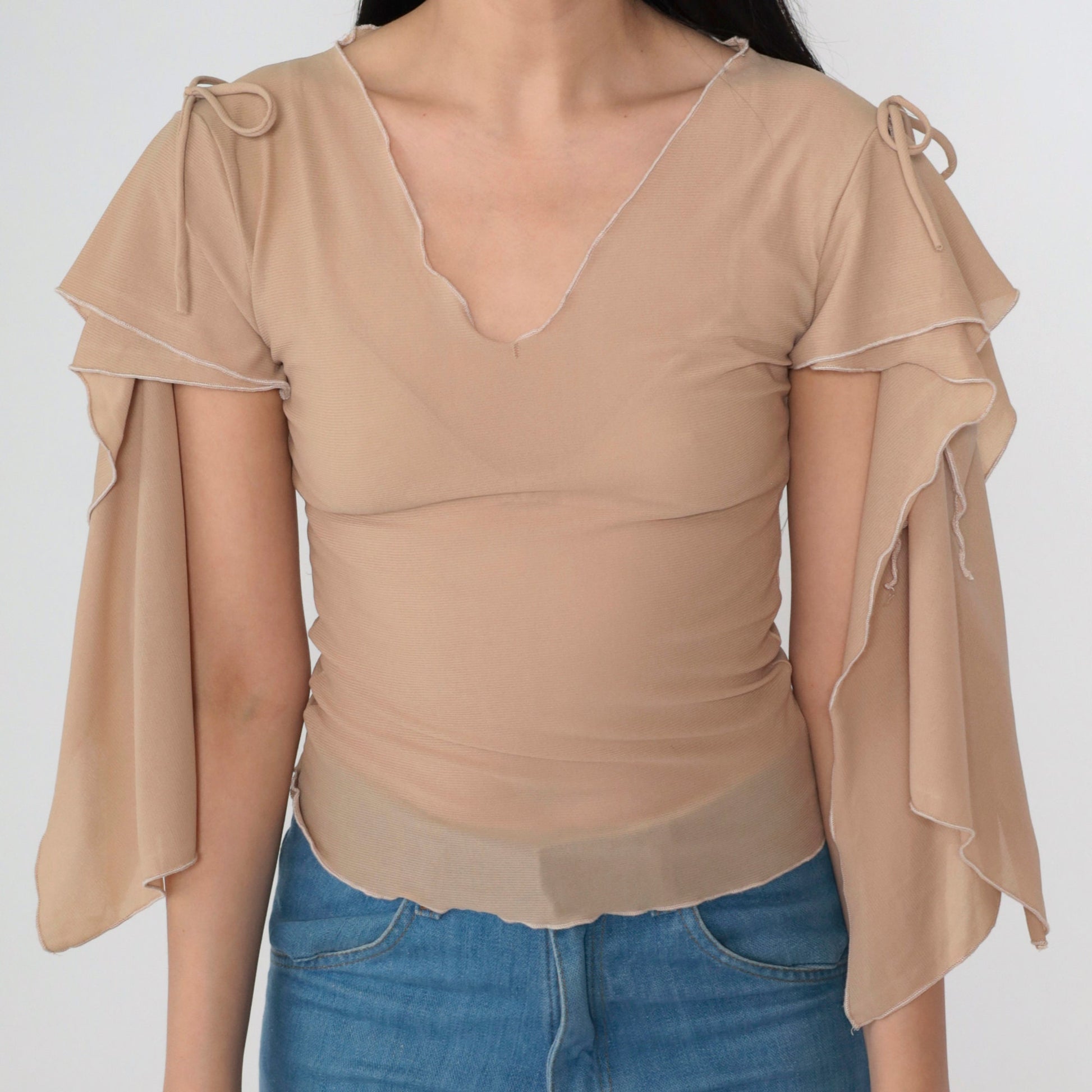 Y2K Nina Piu Sheer Mesh Top Tan Cape Sleeve V-Neck Small S