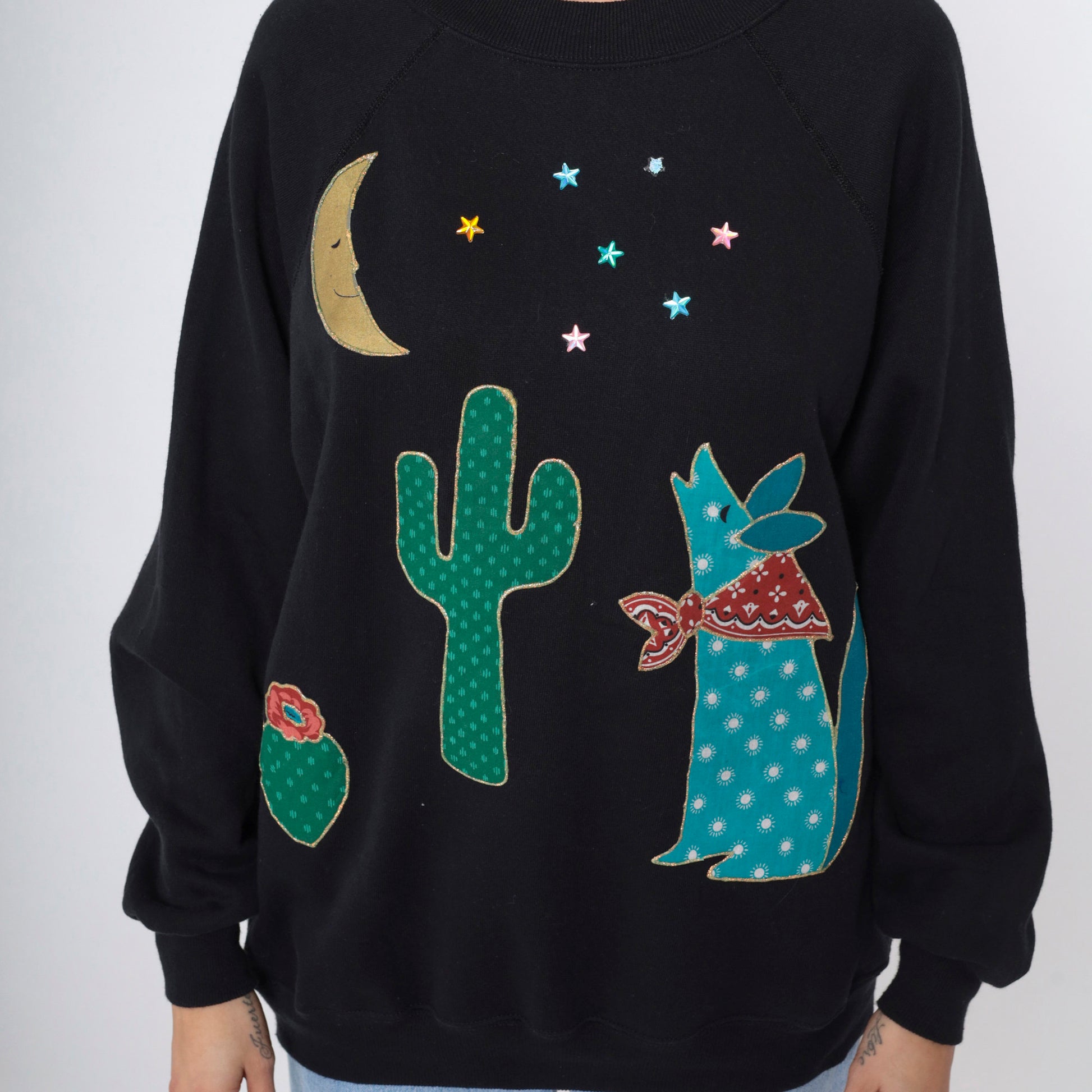 90s Southwest Black Sweatshirt Desert Coyote Cactus Moon Star Studs Raglan Large