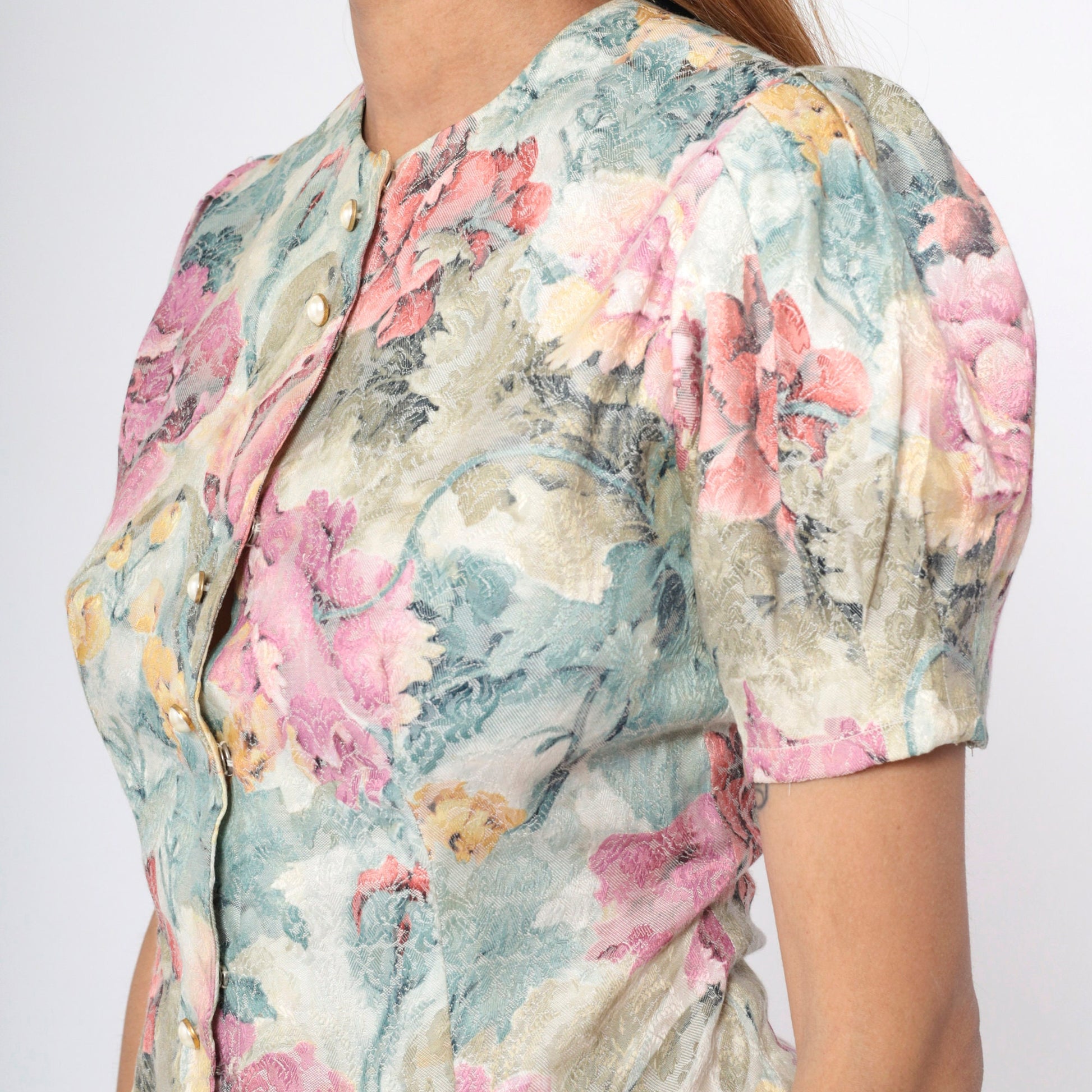 80s Damask Floral Button-Up Blouse Lavender Puff Sleeve Pearl Buttons Small