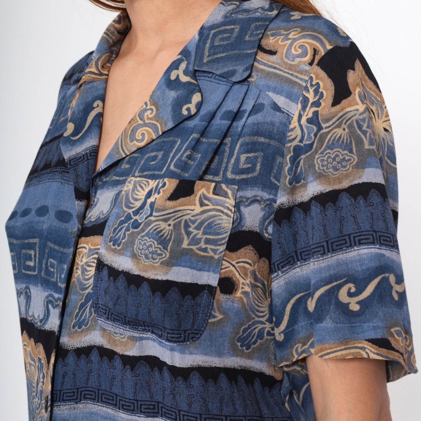 90s Carol Little Striped Floral Greek Key Button Up Blouse Blue Small
