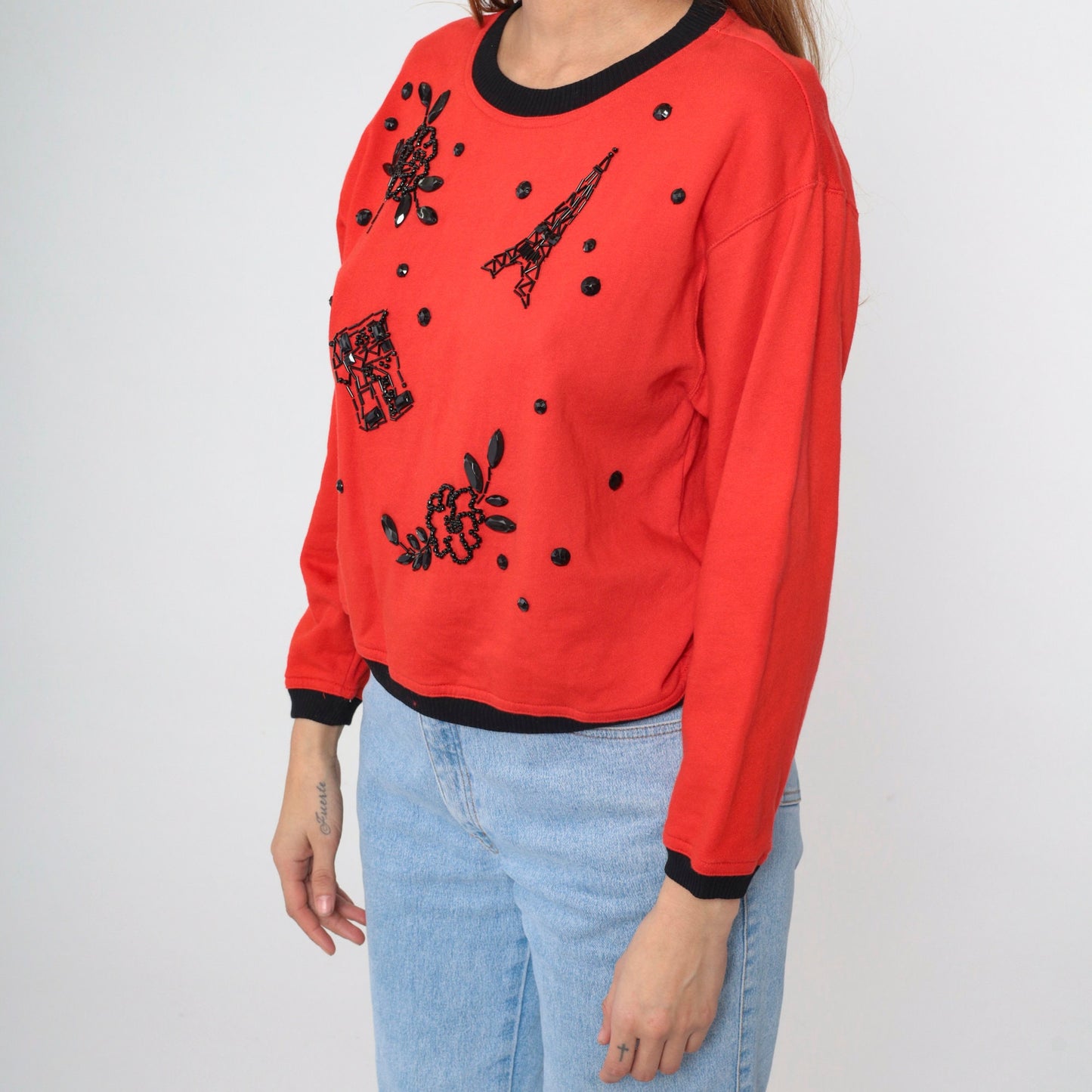 90s Carol Little Beaded Eiffel Tower Sweatshirt Red Ringer Medium