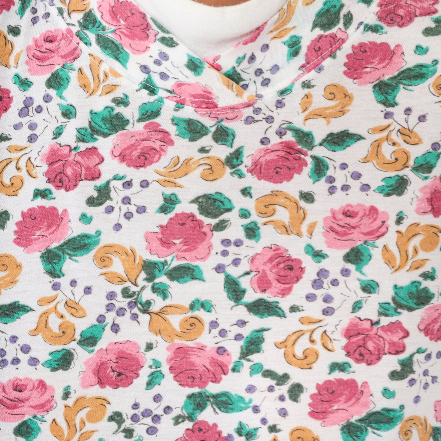 90s Floral Mock Neck Shirt White Pink Rose Print Long Sleeve Blouse Medium