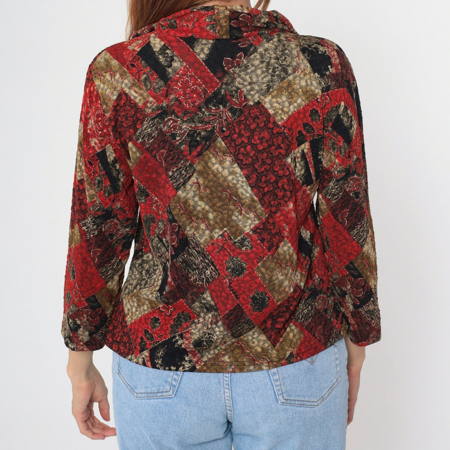 Y2K Carducci Patchwork Floral Cowl Neck Blouse Metallic Long Sleeve Extra Large XXL