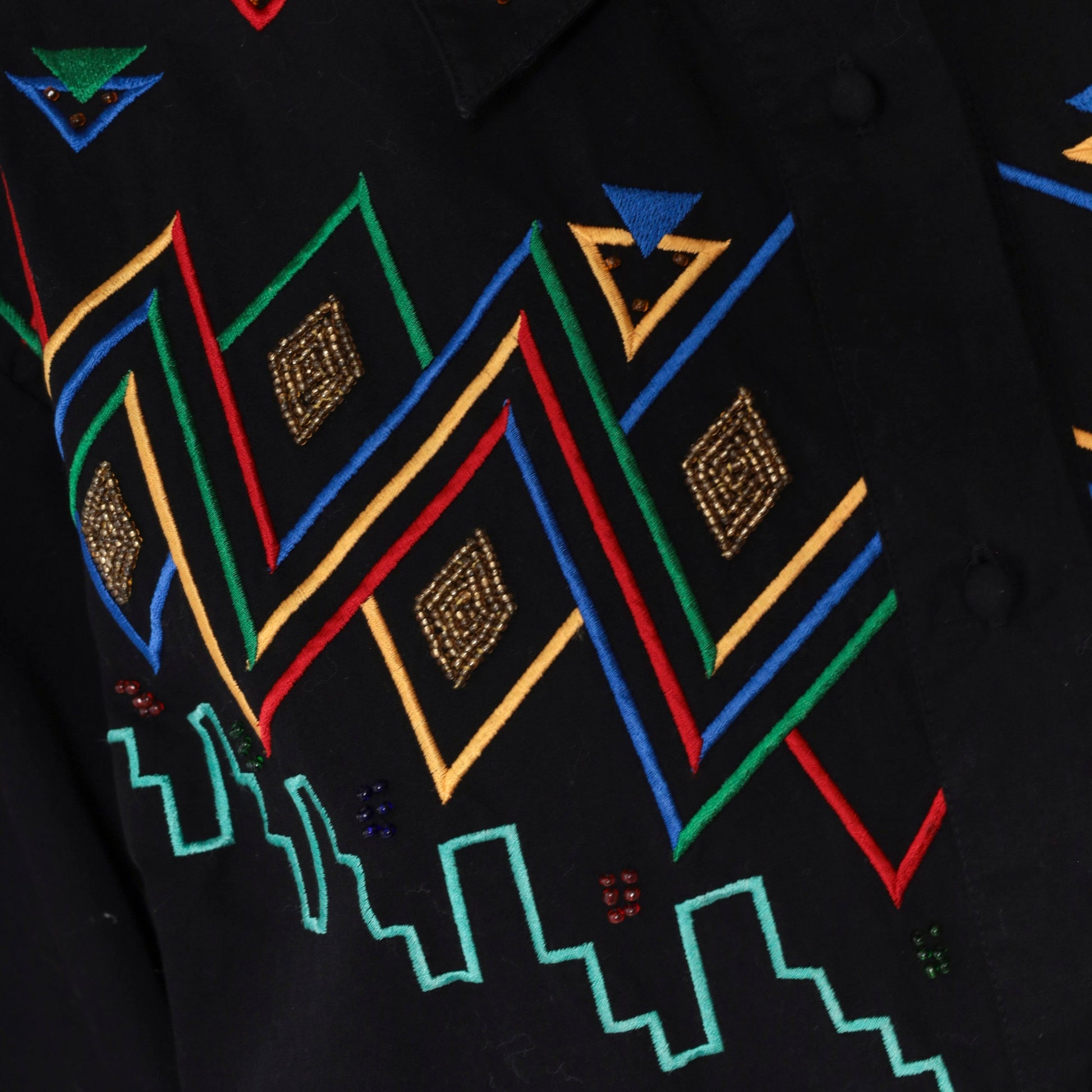 90s Southwest Embroidered Beaded Black Cotton Button Up Blouse Large L