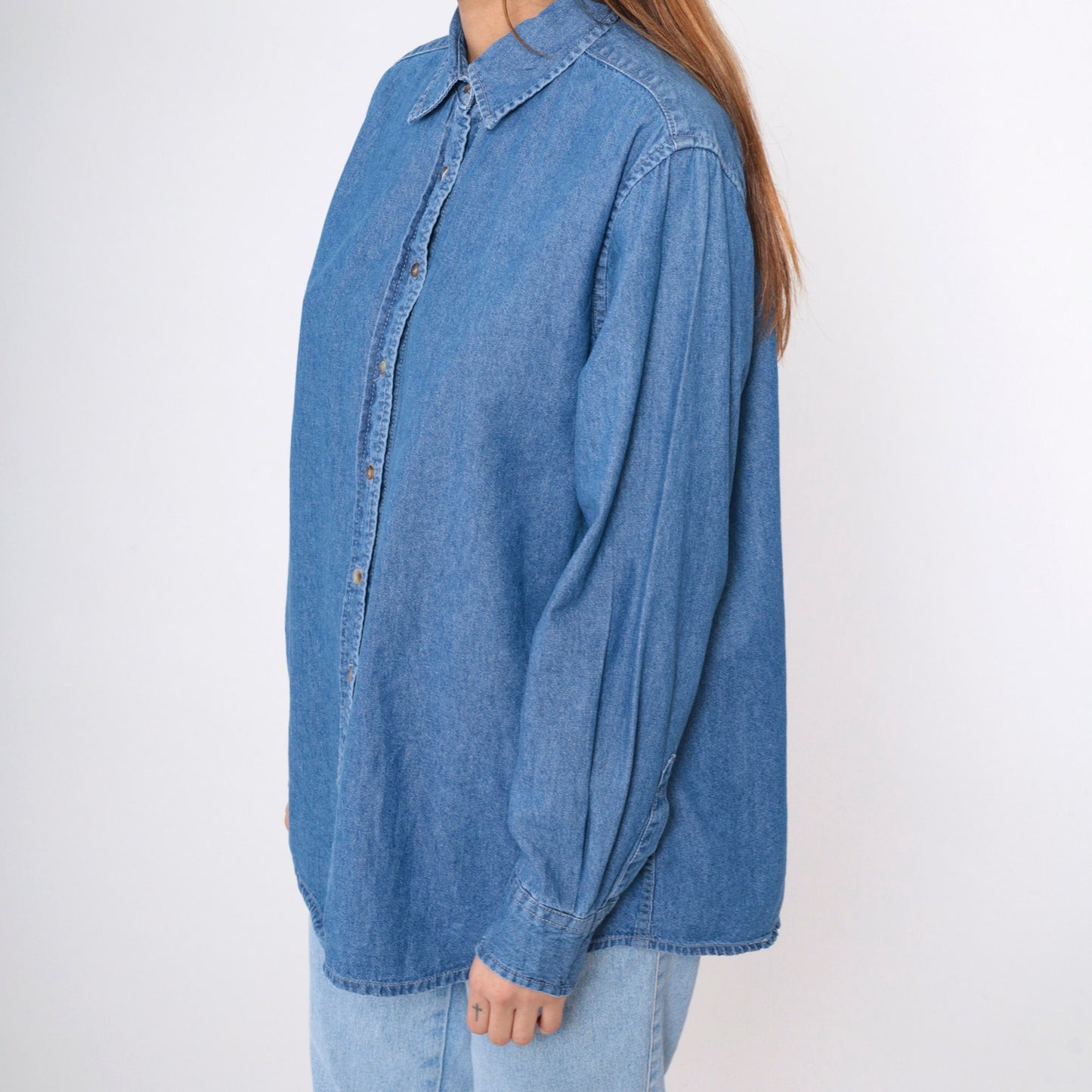 90s Vos Sports Blue Denim Button-Up Shirt Cotton Long Sleeve Extra Large XXL