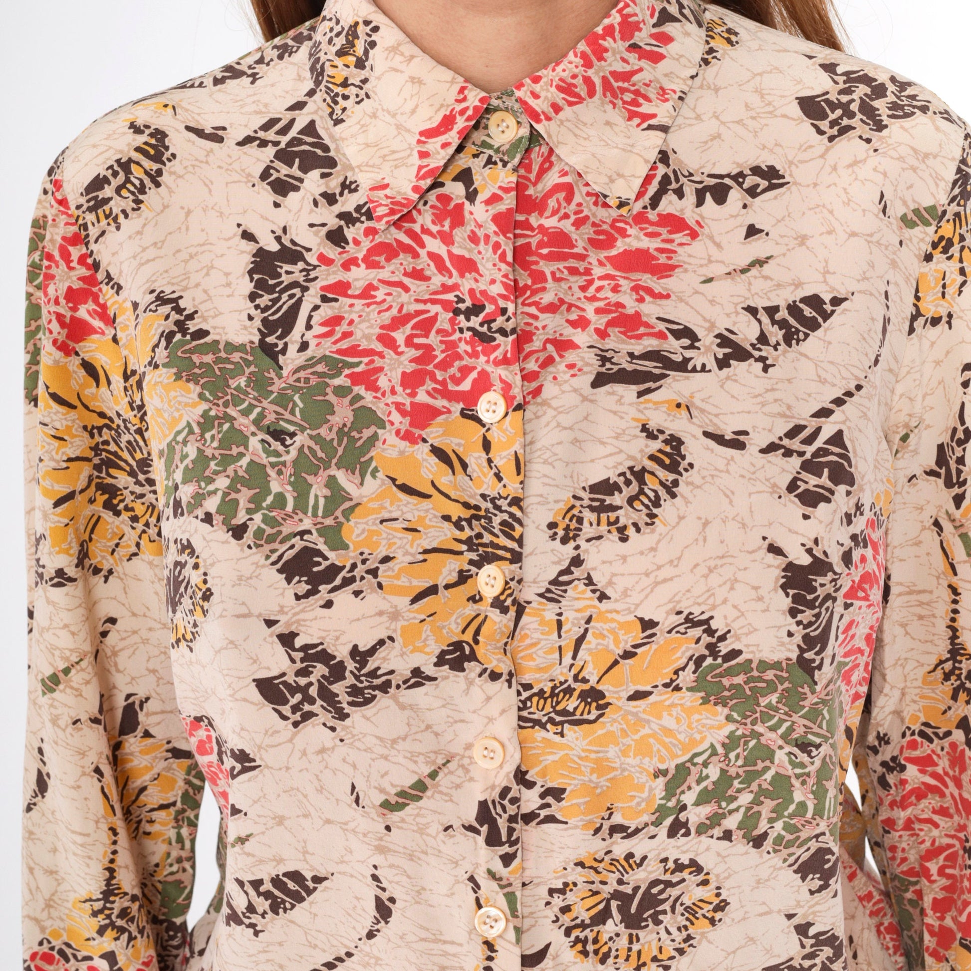 90s Abstract Floral Button-Up Blouse Beige Red Yellow Long Sleeve Medium