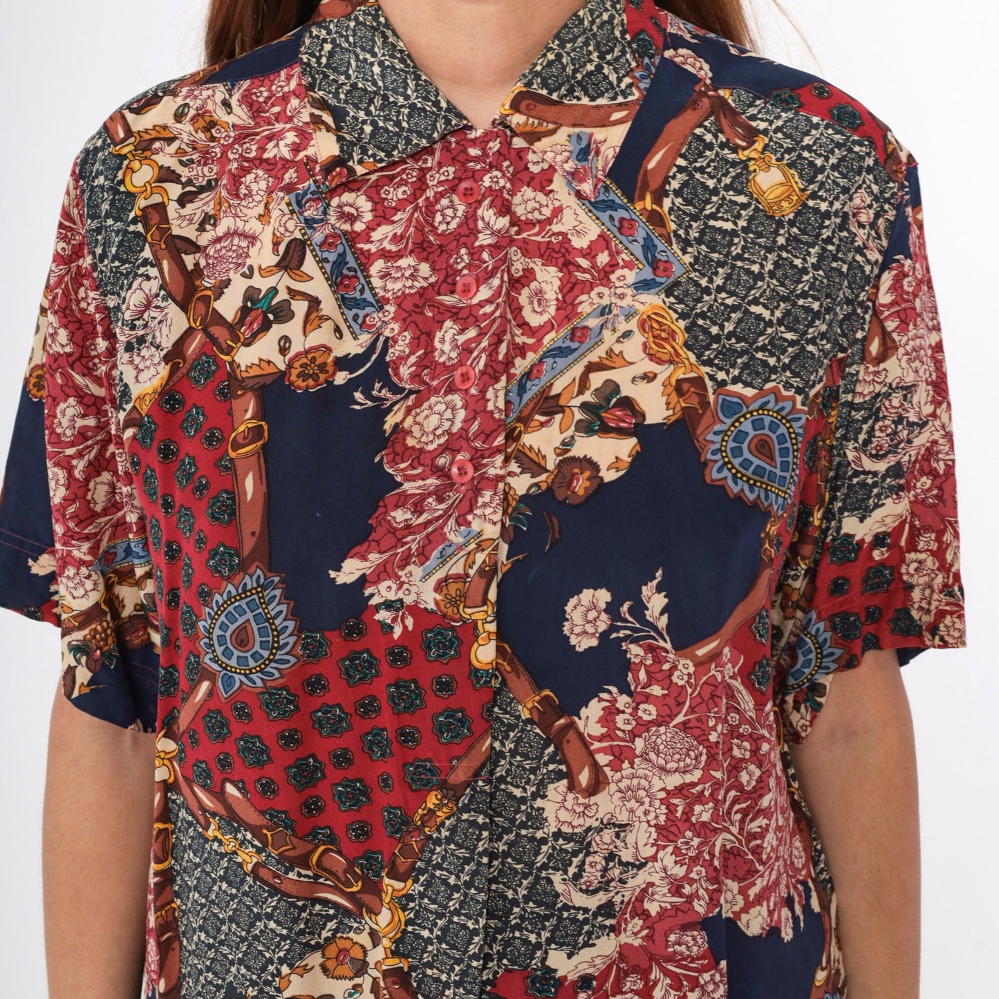 90s Amanda Italy Silk Blouse Patchwork Floral Equestrian Print Navy Medium