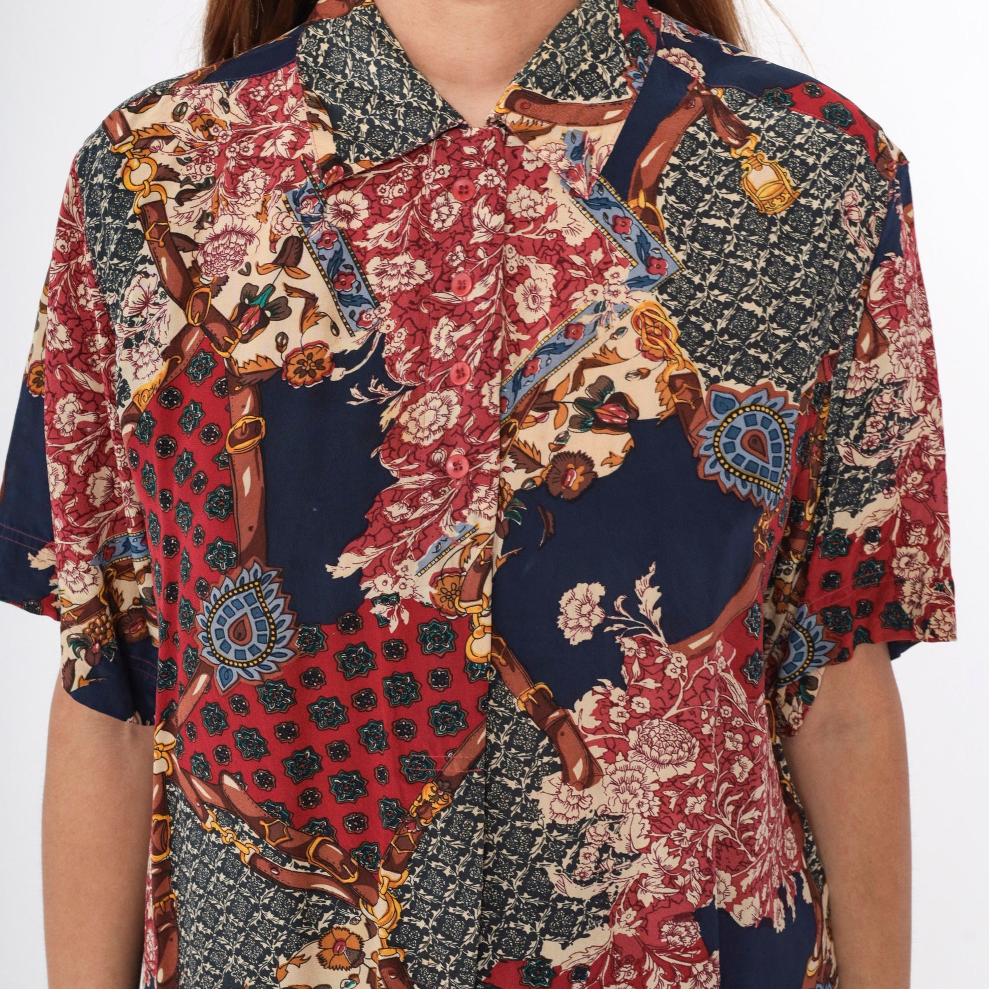 90s Amanda Italy Silk Blouse Patchwork Floral Equestrian Print Navy Medium