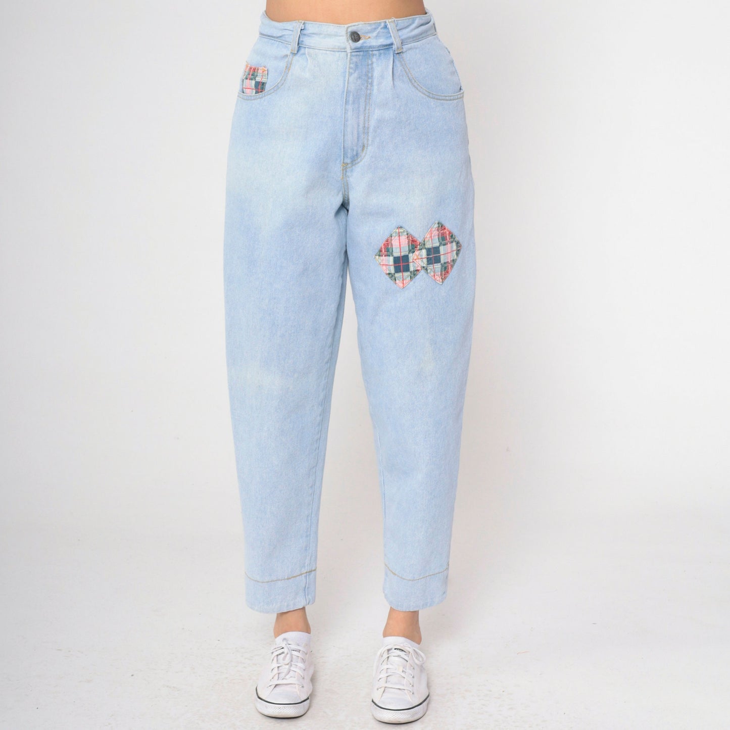 90s Breaker Jeans Light Blue Patchwork Plaid High Rise Mom Jeans Small 29