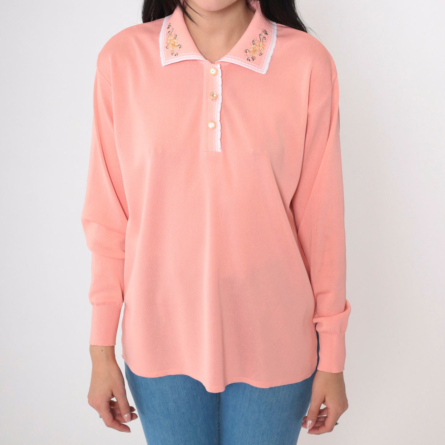 70s Pink Floral Embroidered Blouse Rhinestone Button-Up Collared Shirt Medium Large