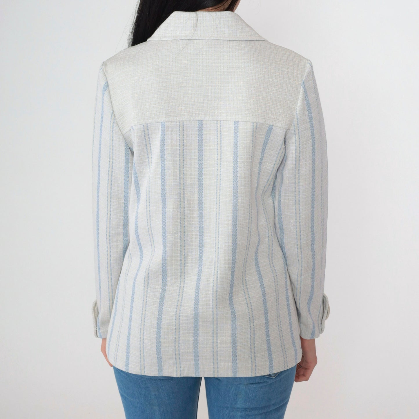 70s Striped Button-Up Blouse Grey Blue Vertical Stripes Collared V-Neck Medium