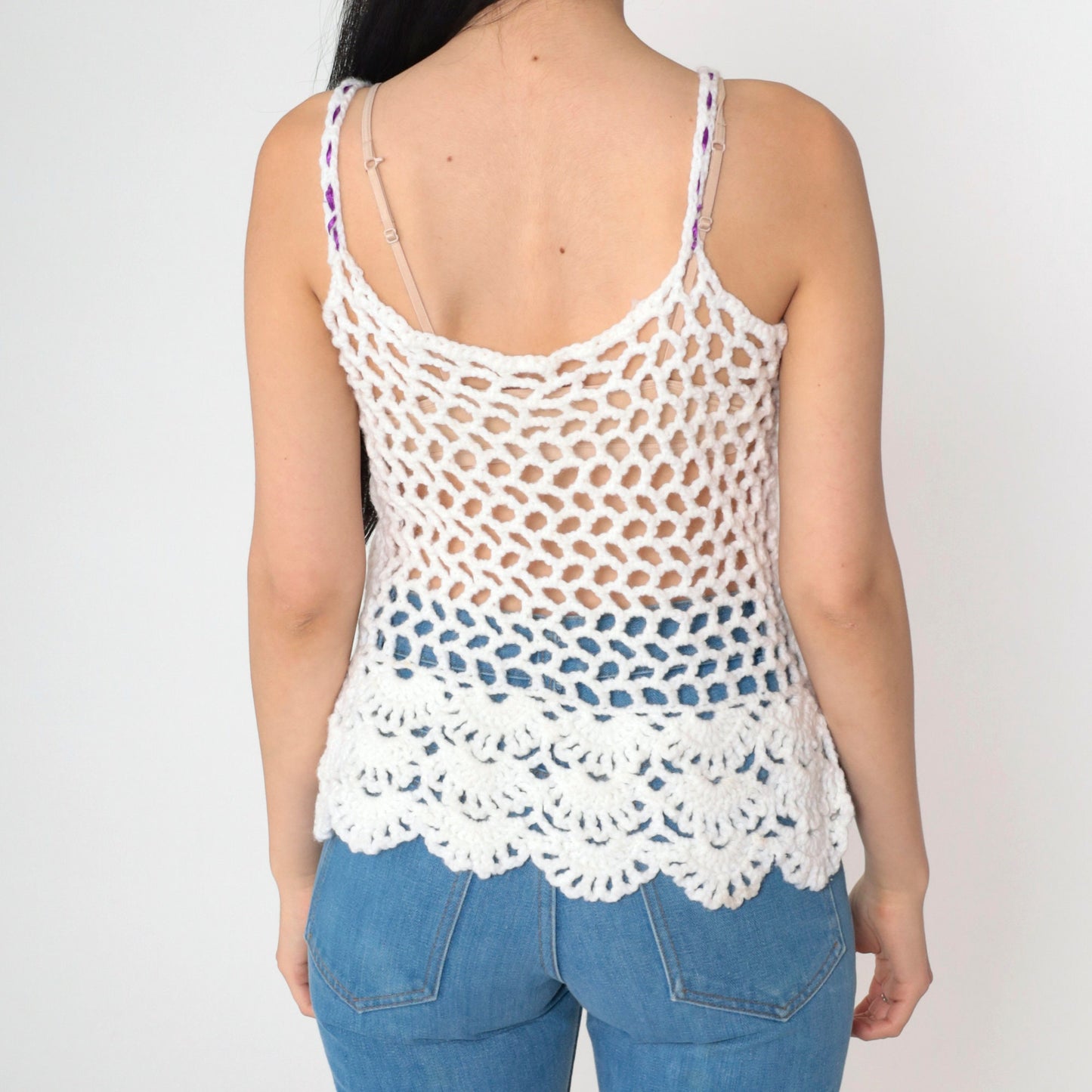 70s White Crochet Tank Top Sheer Knit Purple Ribbon Straps Small