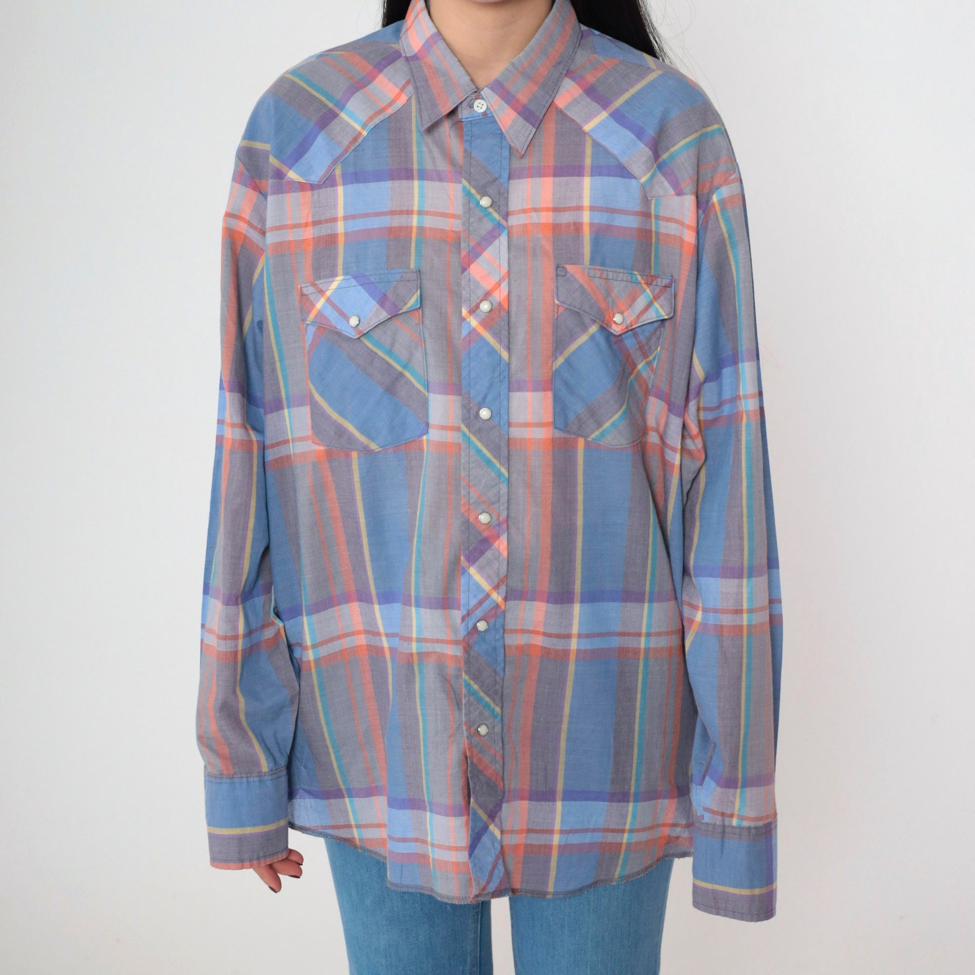90s Wrangler Plaid Pearl Snap Western Shirt Blue Grey Orange Extra Large