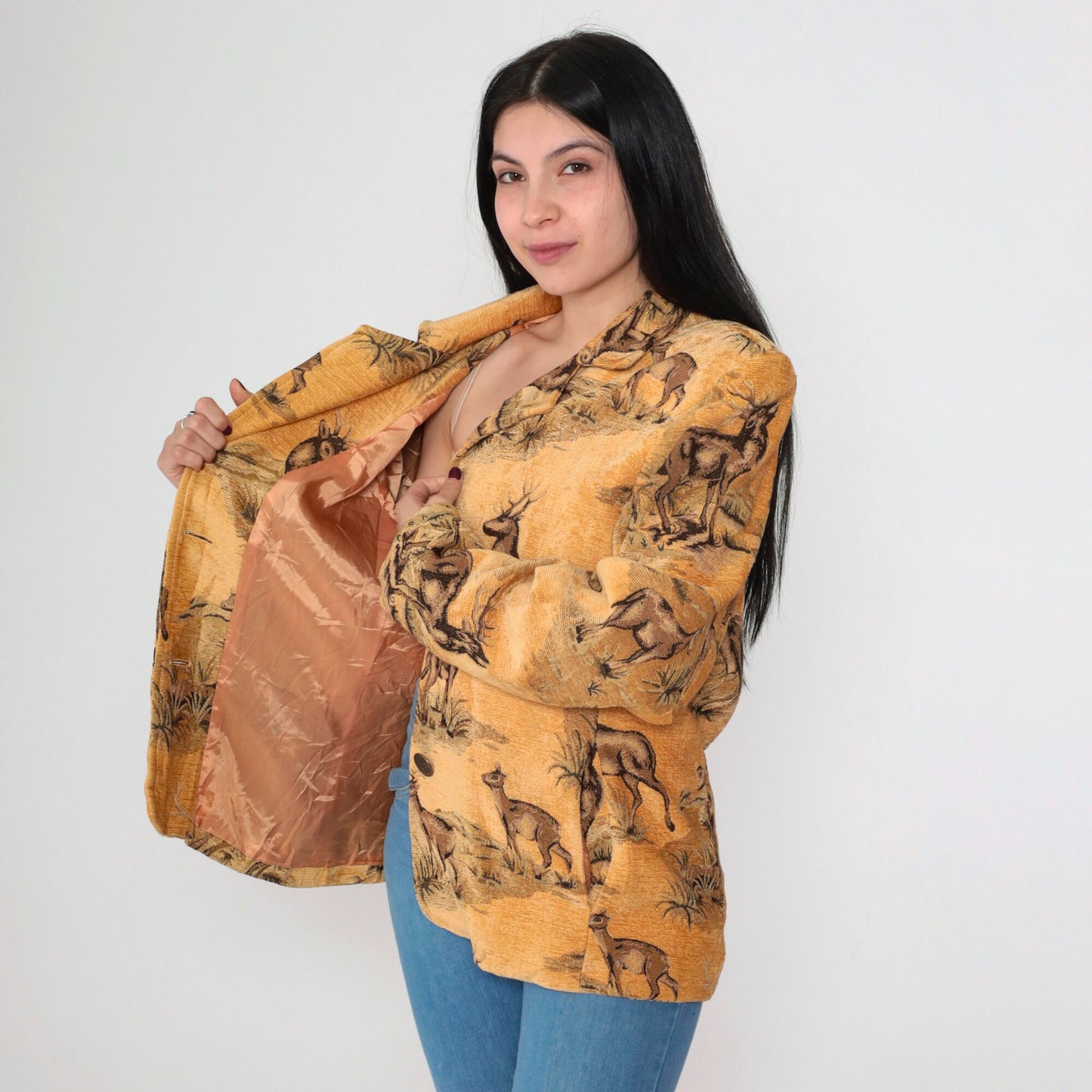90s Solei Deer Jacket Single Button Blazer Woven Animal Print Large L