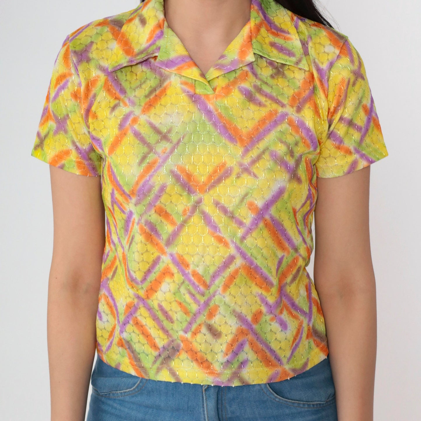 00s Metallic Abstract Criss Cross Collared Shirt Yellow Geometric Small S