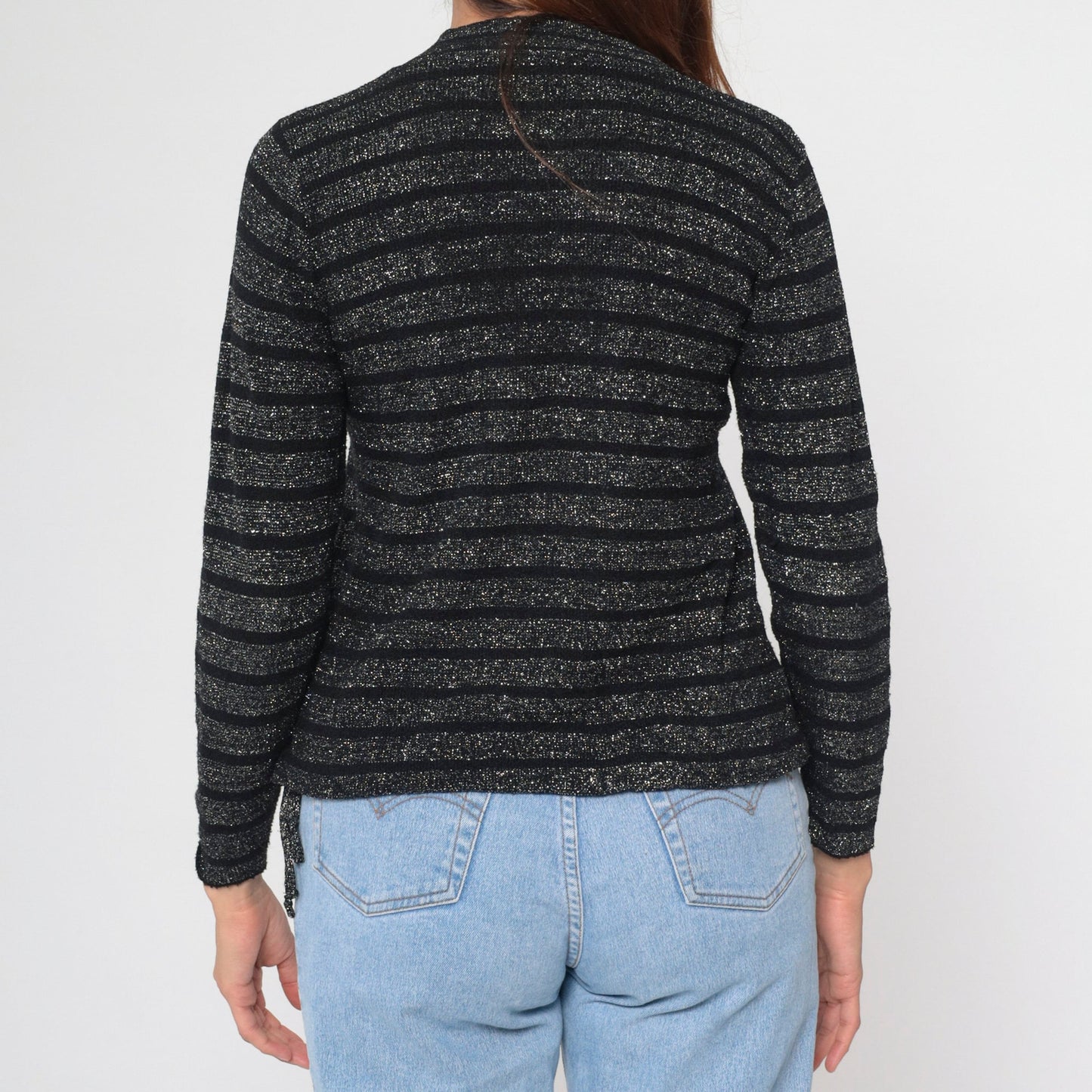 70s Metallic Striped Knit Sweater Silver Black V-Neck Pullover Small S