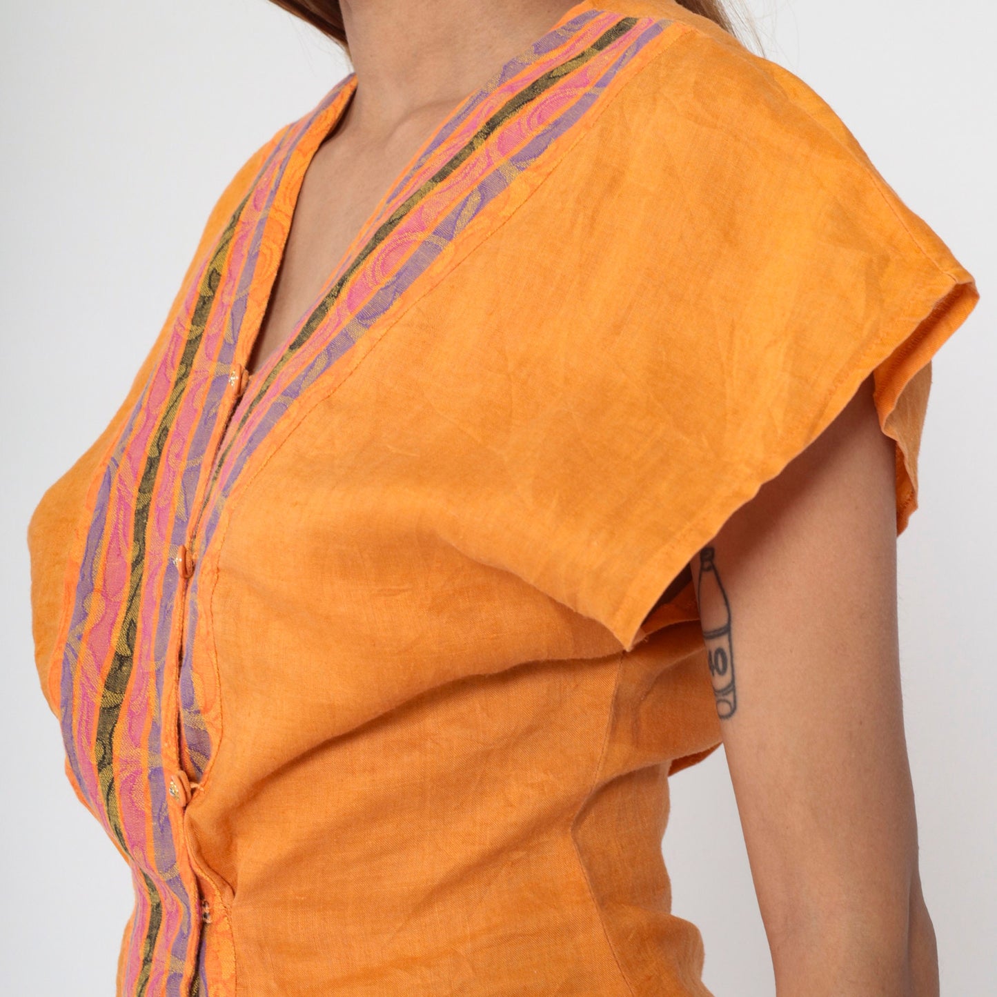 00s Orange Rococo Striped Button-Up Blouse Rhinestone Dolman Sleeve V-Neck Extra Small