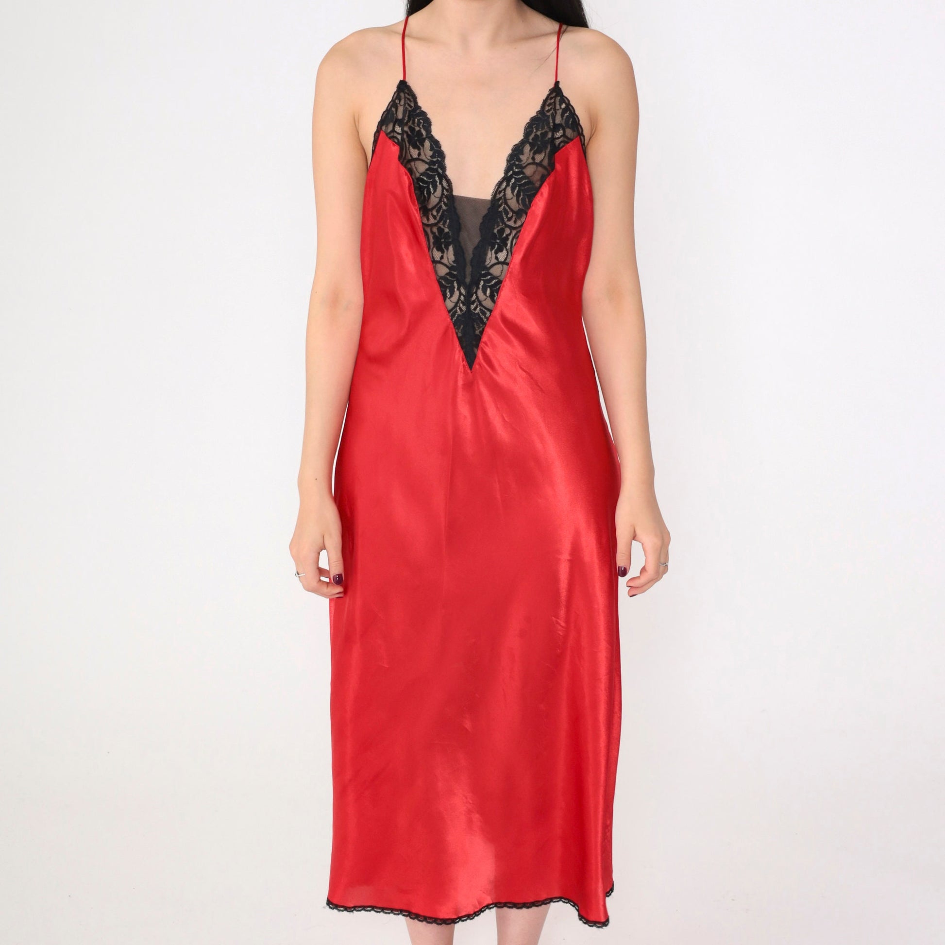 90s Val Mode Red Slip Dress Midi Black Lace Trim Open Back Medium