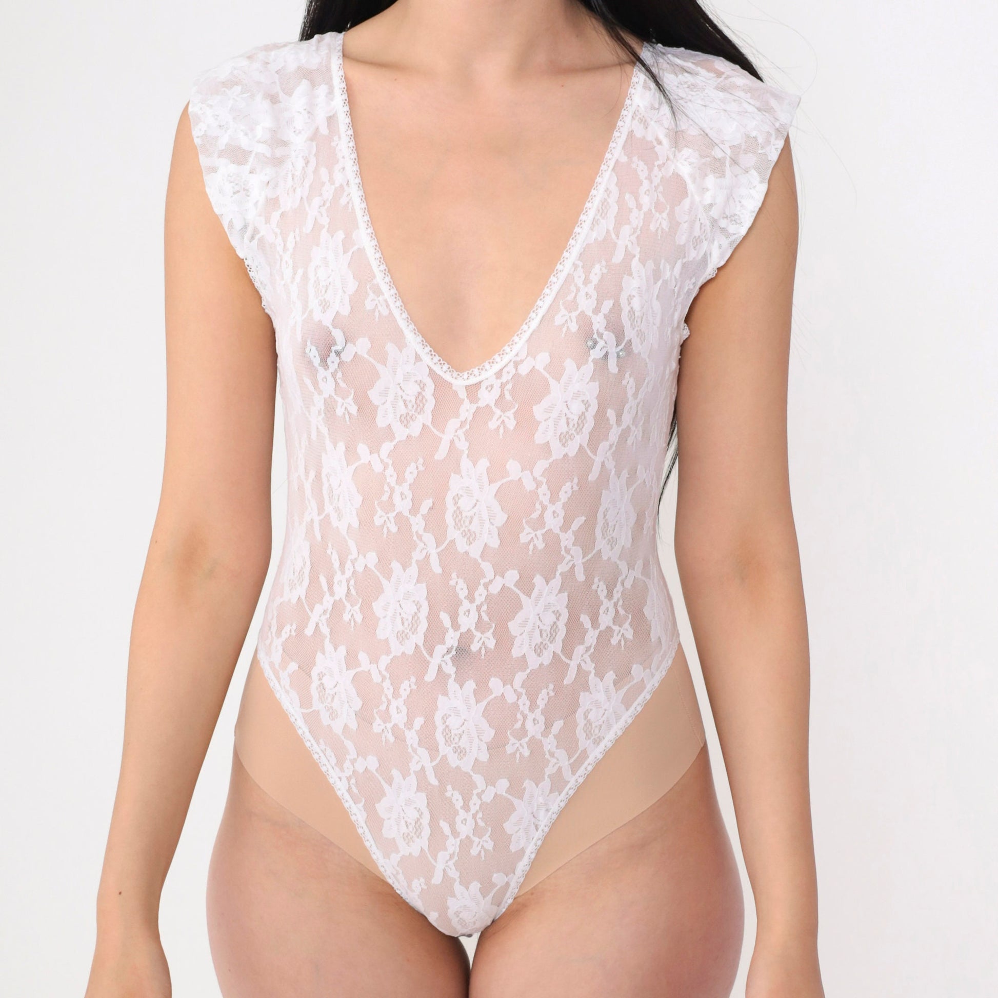 80s Hanky Panky White Lace Bodysuit Floral Sheer Thong Small S