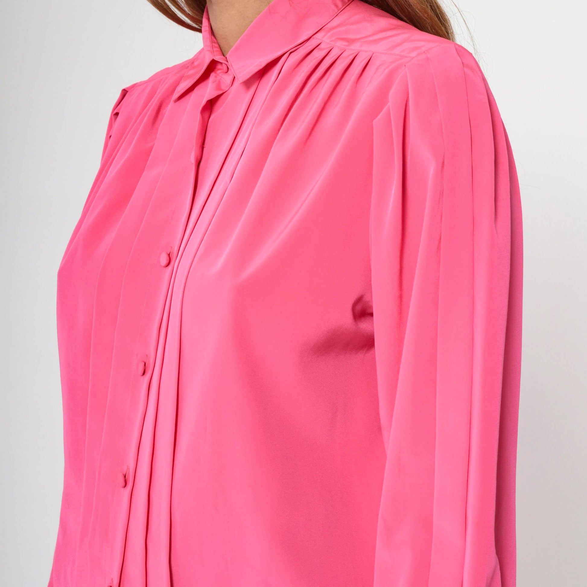 90s Hot Pink Puff Sleeve Blouse Pleated Button-Up Collared Shirt Medium Petite