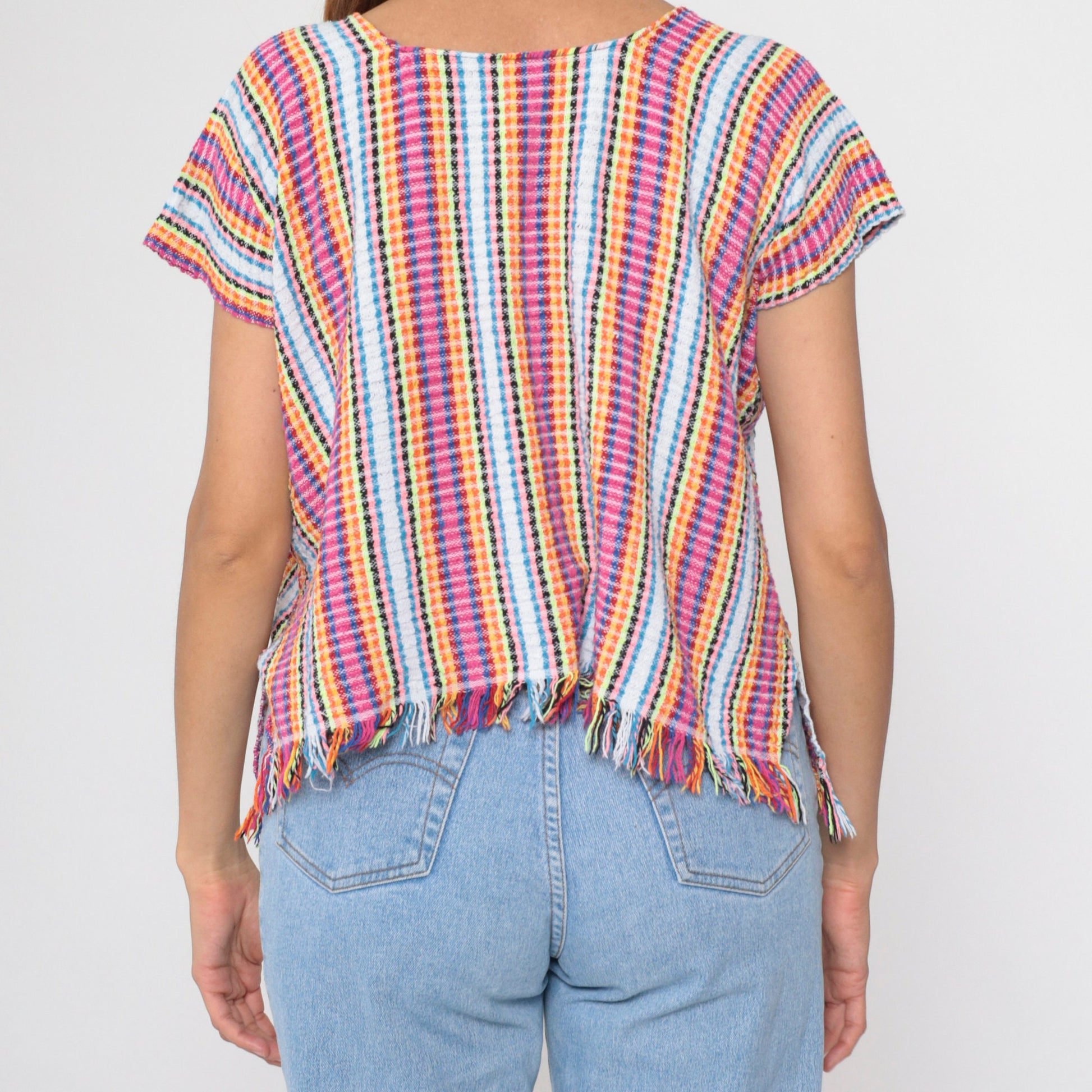 00s Mexican Neon Rainbow Striped Blouse Hot Pink Lace Trim Fringe Small