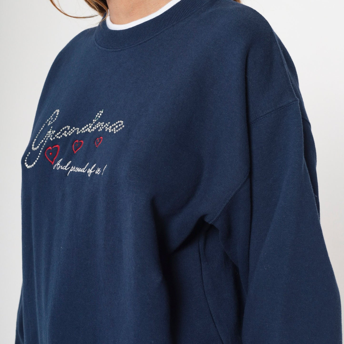 90s Grandma Rhinestone Navy Sweatshirt Embroidered Hearts Double Collar Large Petite