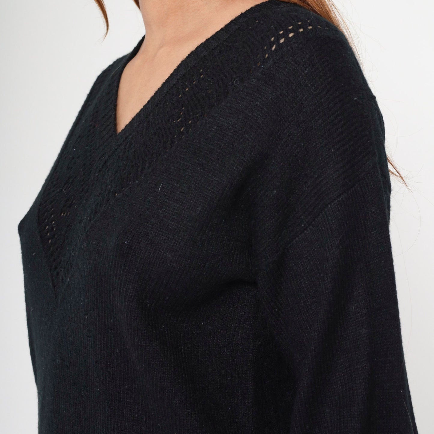 80s Black Cutwork Sweater Bell Sleeve V Neck Knit Pullover Large L