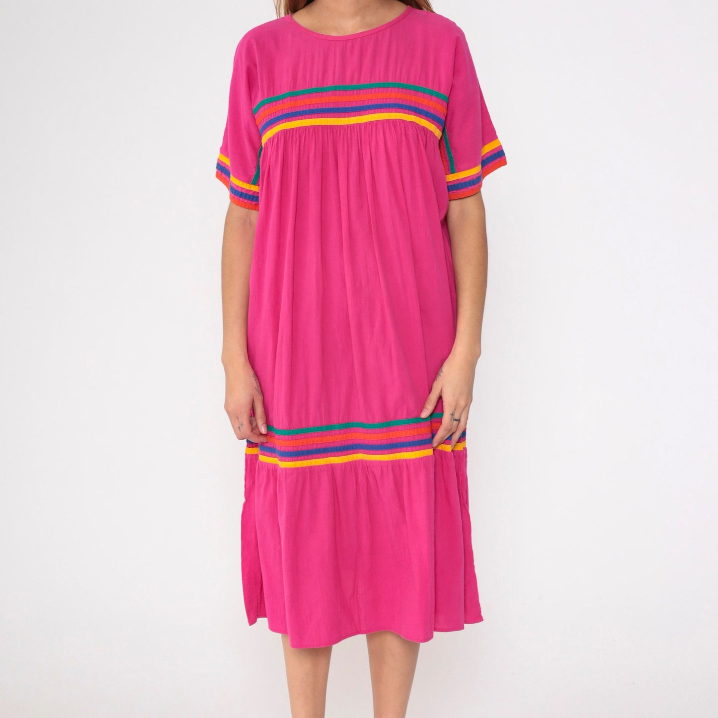 90s Hot Pink Rainbow Striped Cotton Tent Dress Dolman Sleeve Midi Medium