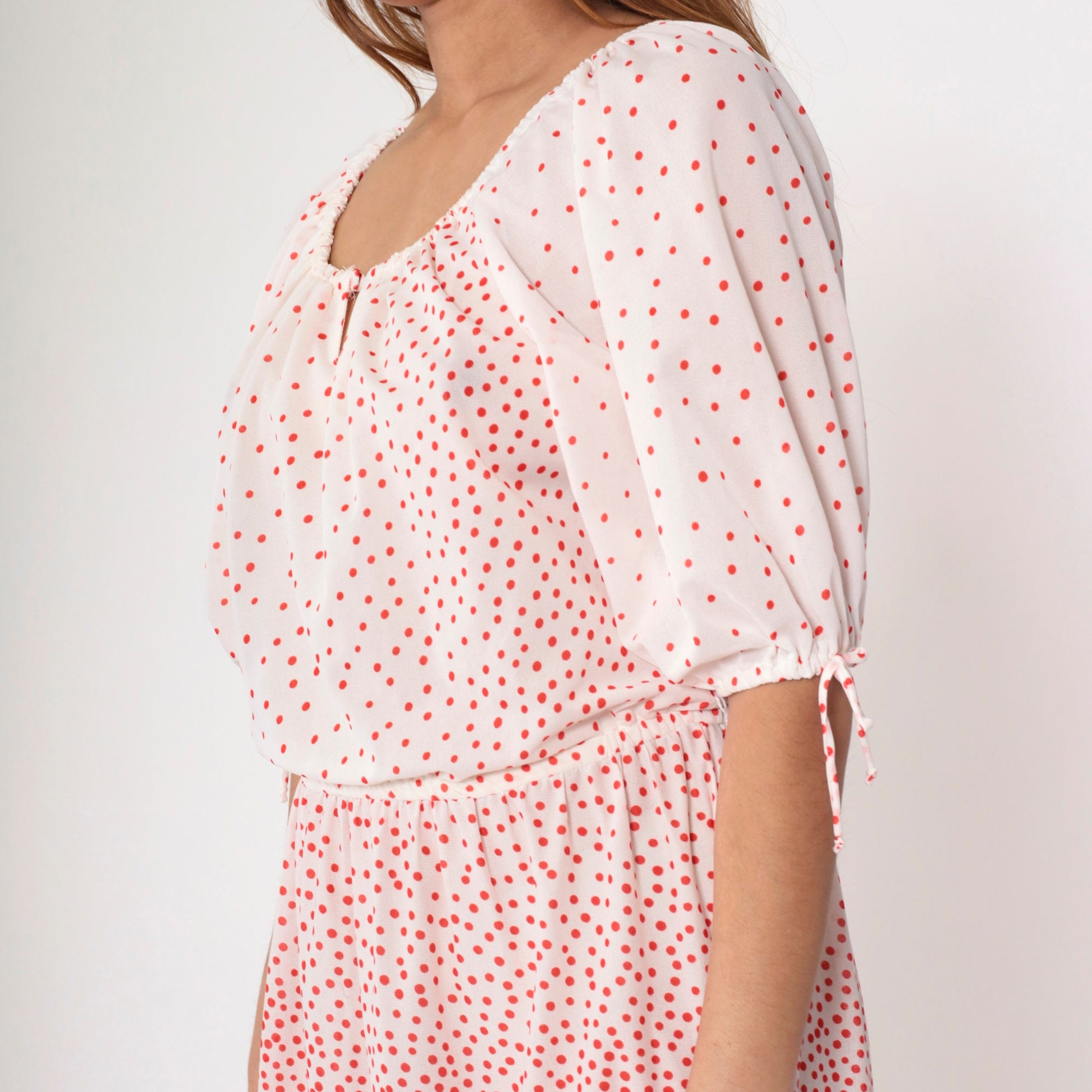 70s Peasant Dress Polka Dot Red White Midi Keyhole Neck Medium