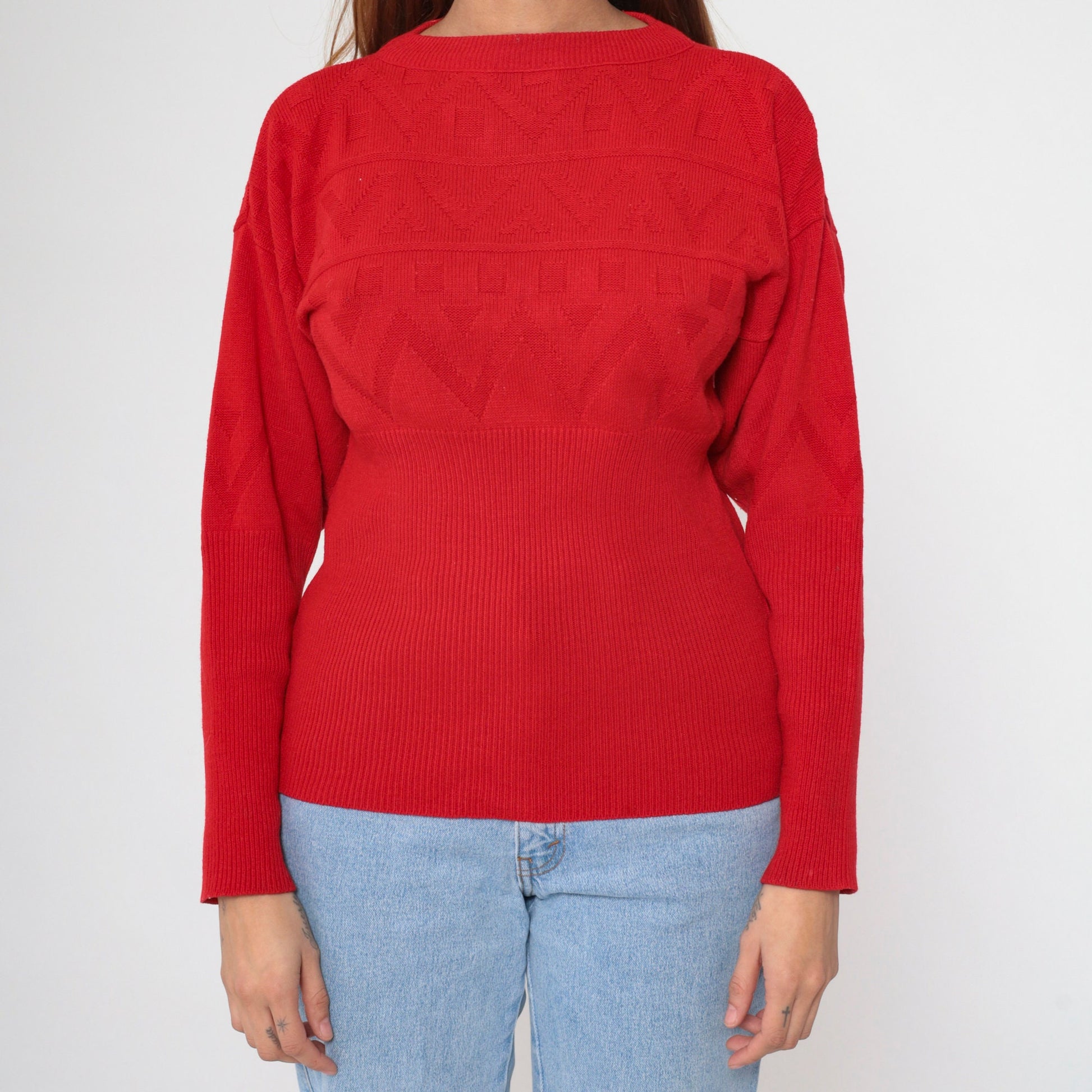 80s Red Textured Knit Sweater Zig Zag Geometric Ribbed Waist Small Medium