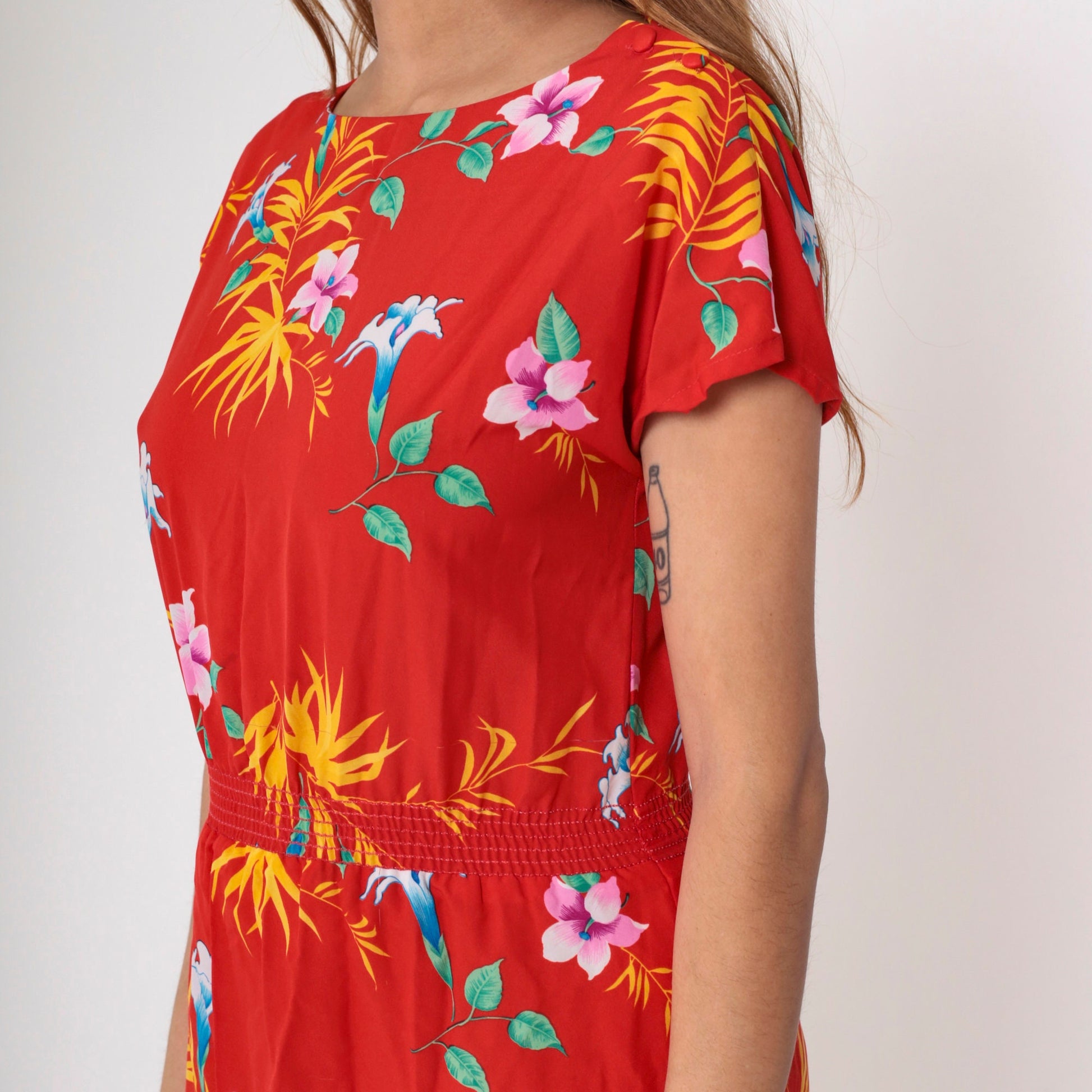 80s Hilo Hatties Tropical Floral Midi Dress Red High Waist Short Sleeve Small Medium