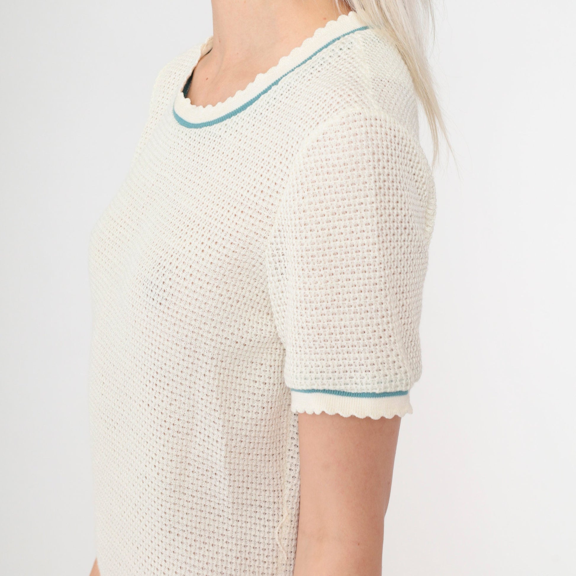 70s White Openwork Knit Midi Dress & Cardigan Set Teal Trim Small