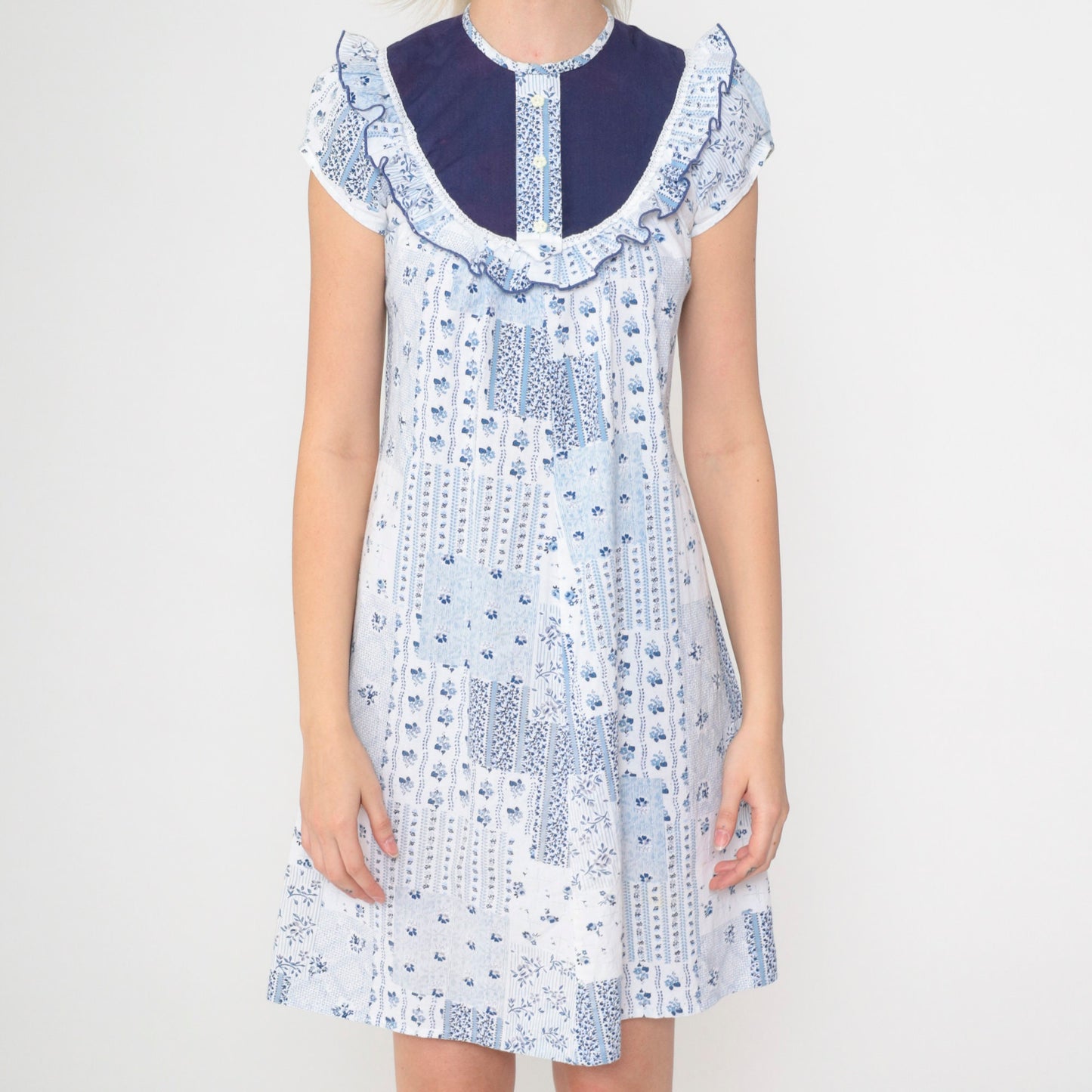 70s Liberty House Floral Patchwork Mini Dress Blue White Puff Sleeve 2XS