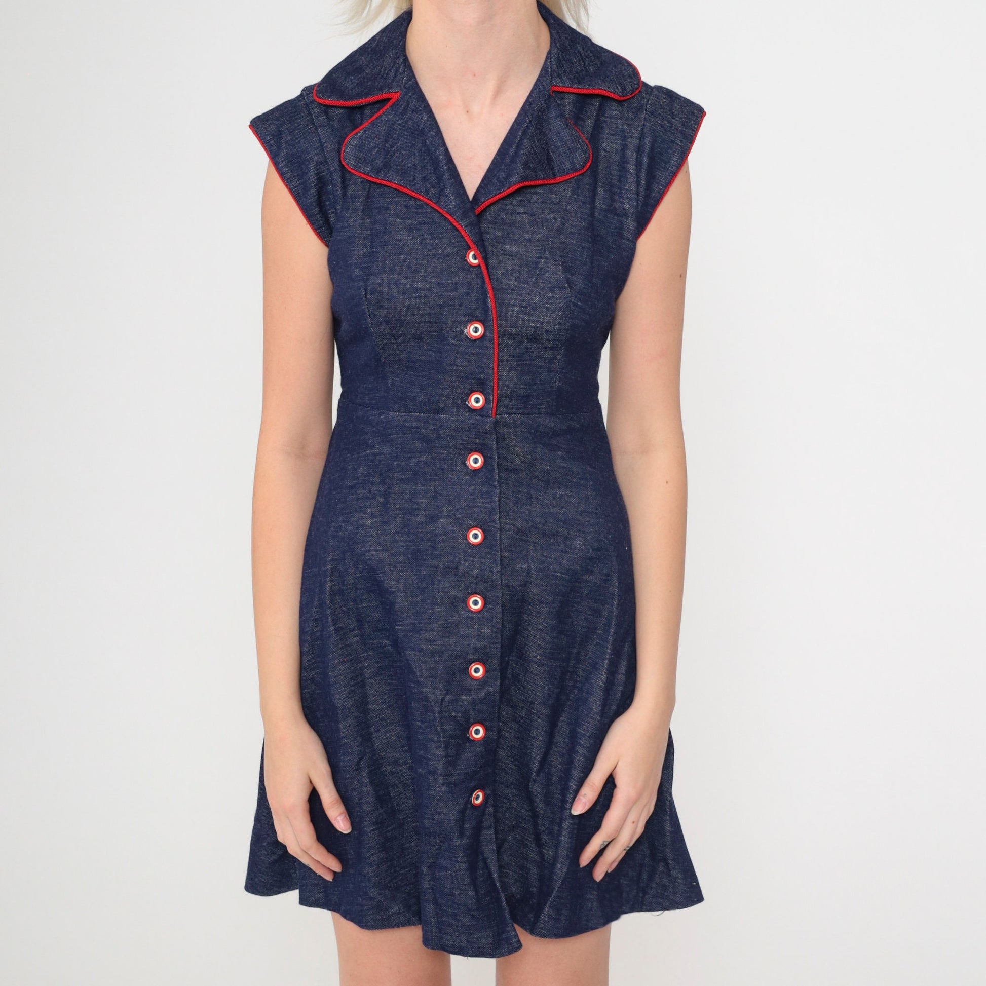 70s Dark Blue Mini Dress Cap Sleeve High Waist Button Up Flared Shirtdress Extra Small