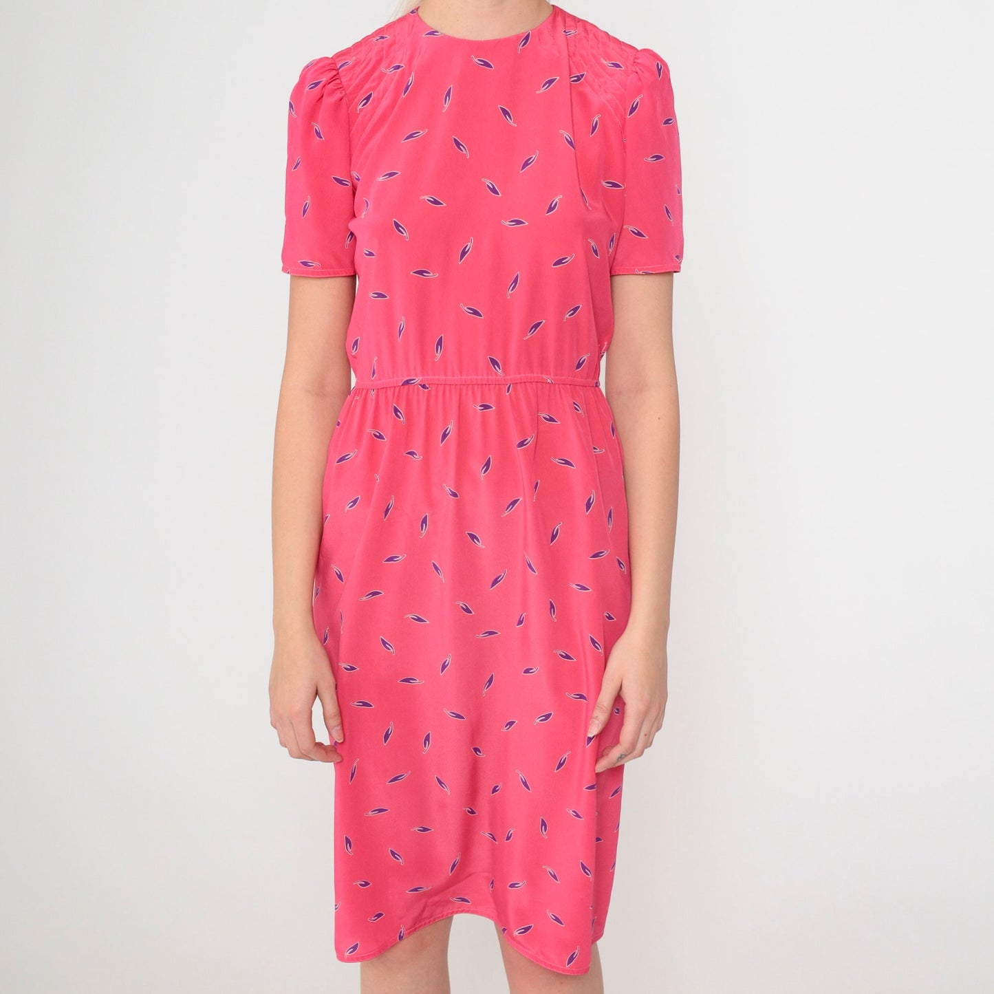 80s Leaf Print Midi Dress Bright Pink Puff Sleeve High Waist Button Back Extra Small