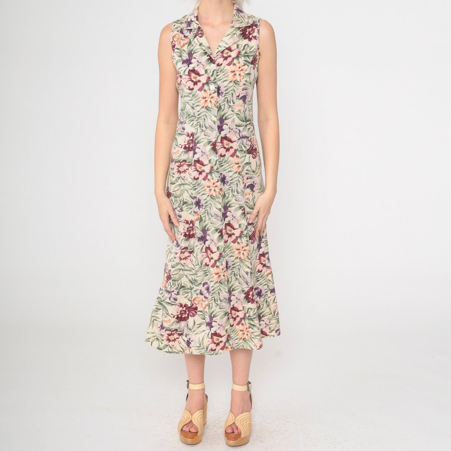 90s Tropical Floral Silk Midi Dress Cream Button-Front Sleeveless Small
