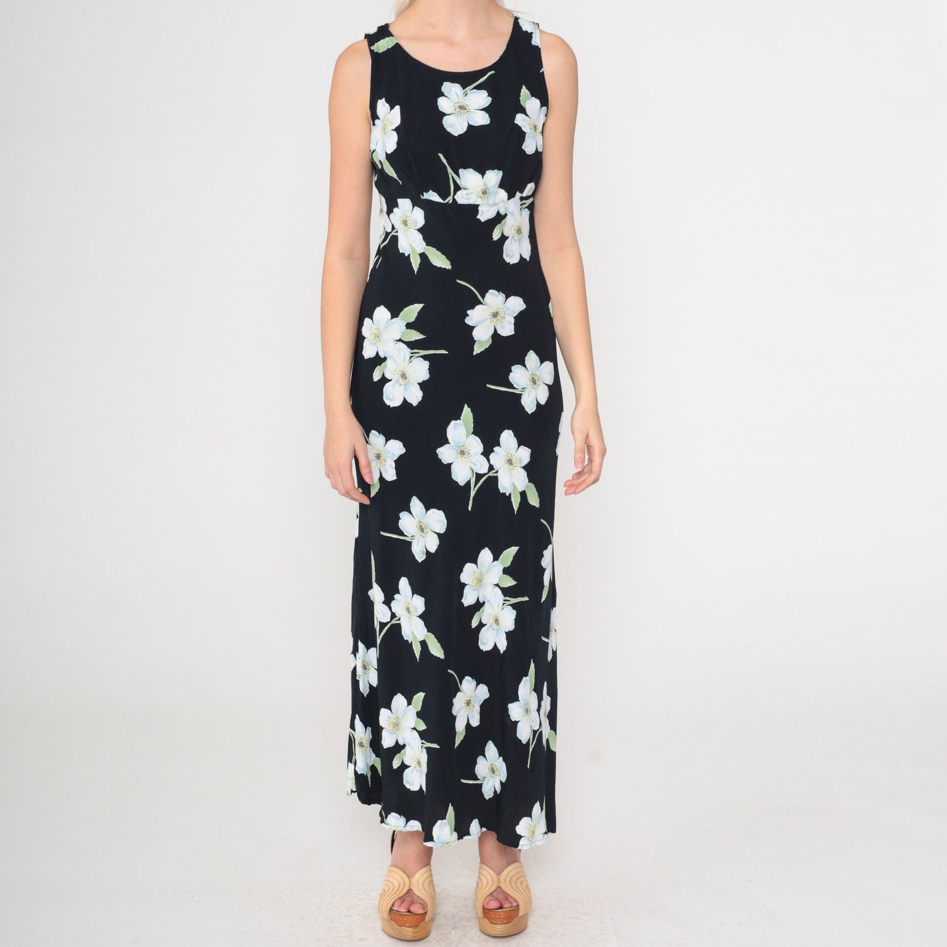 90s All That Jazz Black Floral Maxi Dress Empire Waist Scoop Neck Small