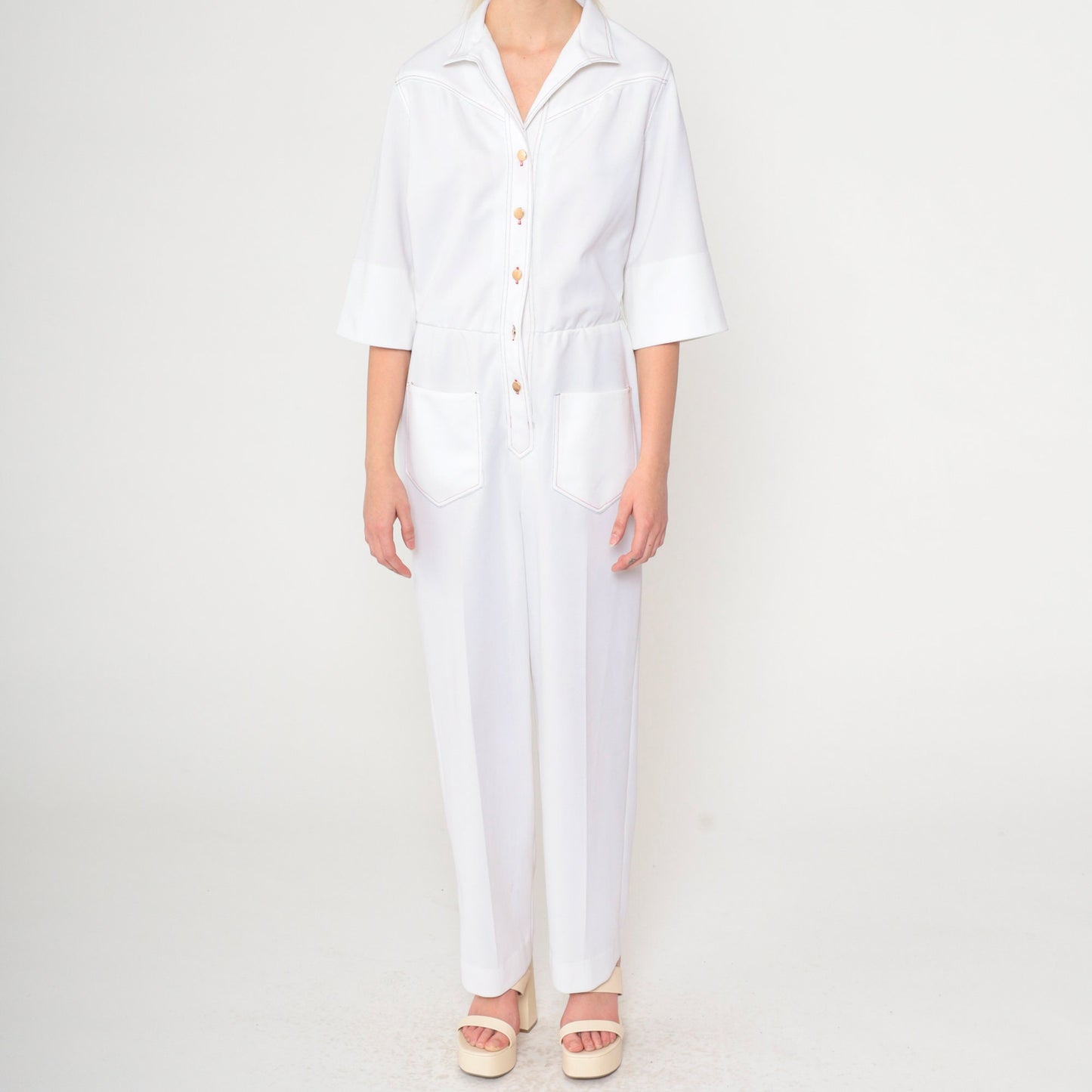 70s White Button-Up Jumpsuit High Waisted Straight Leg 3/4 Sleeve Small