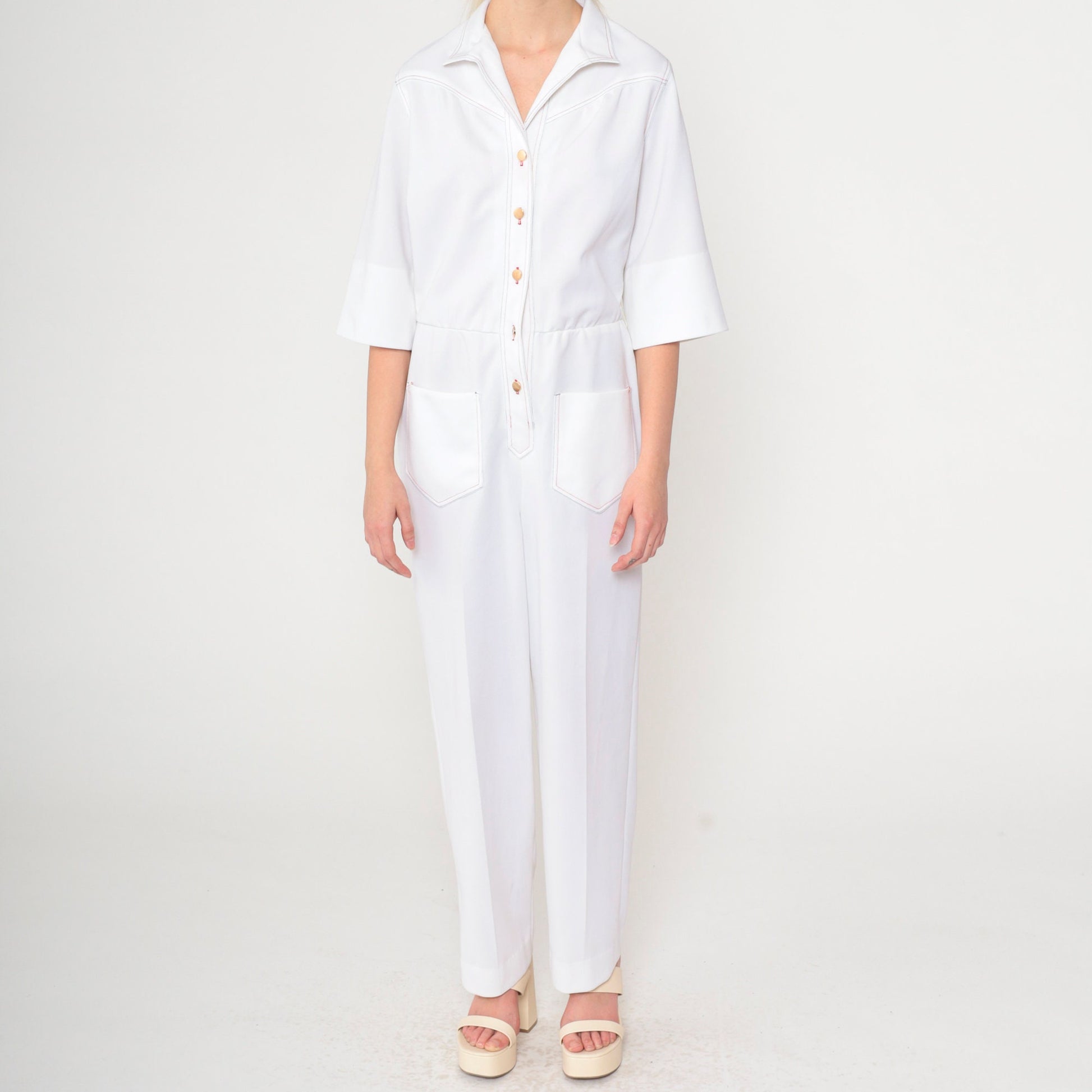 70s White Button-Up Jumpsuit High Waisted Straight Leg 3/4 Sleeve Small