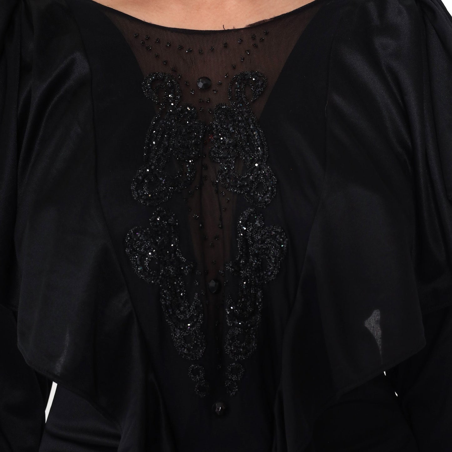 80s Black Beaded Midi Dress Cape Sleeve Open Back Ruched Medium